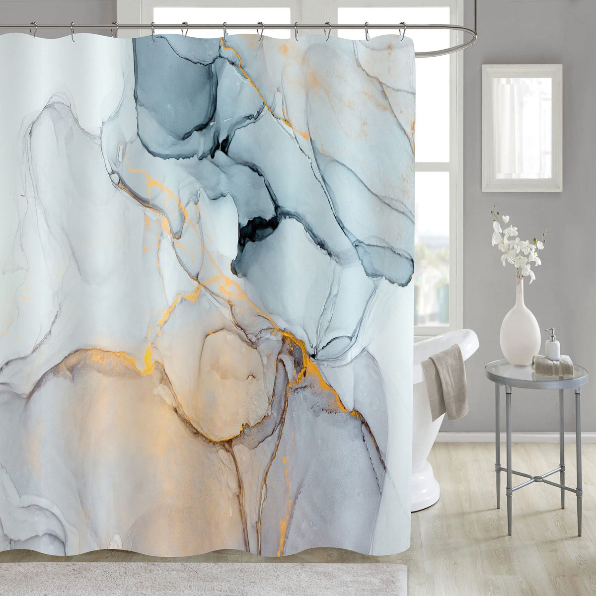 Gibelle Abstract Marble Shower Curtain, Blue Grey Fabric Shower Curtain For Bathroom, Modern Ink Art Decor Waterproof Shower Cur