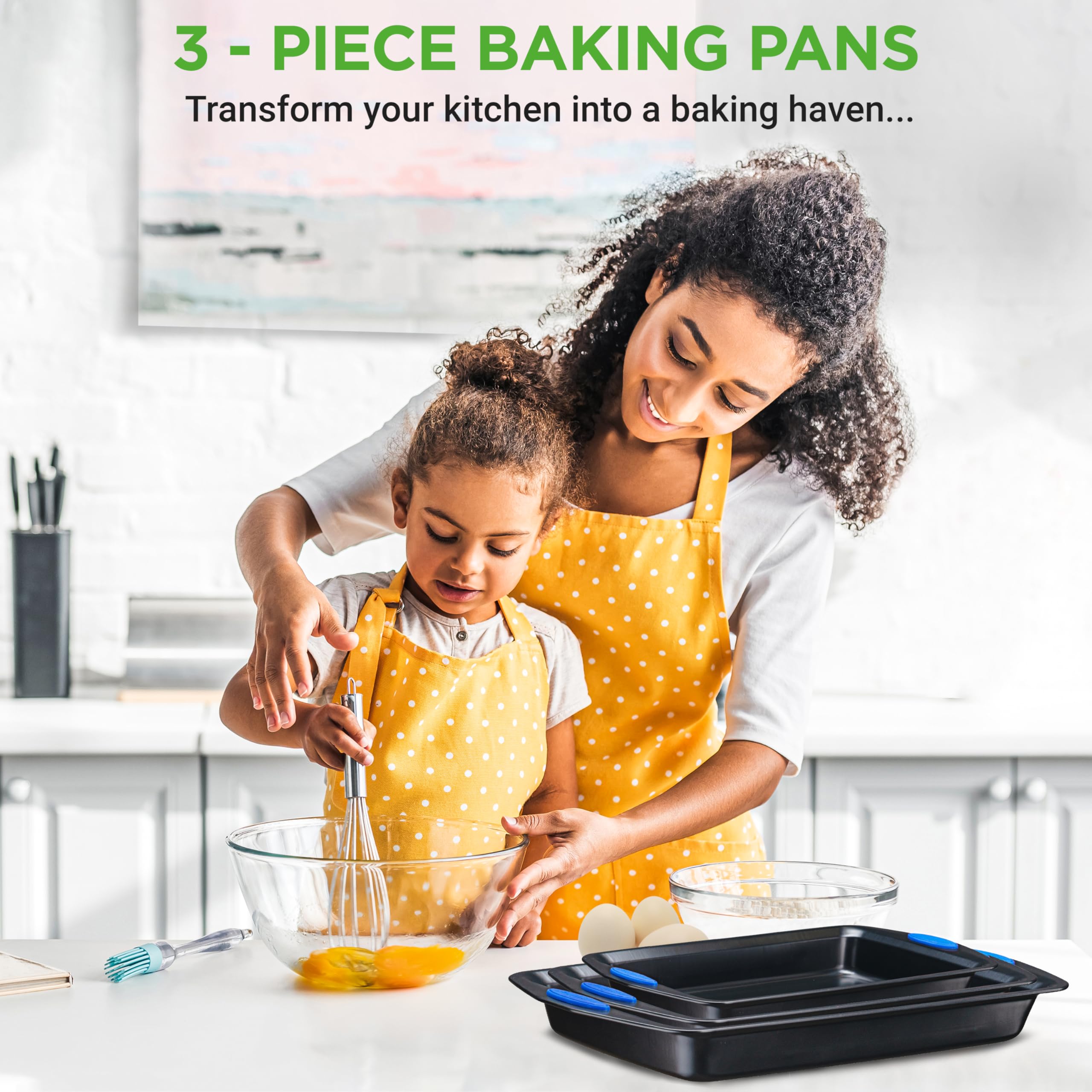 Nutrichef 3-Piece Baking Pan Set - Premium Nonstick Carbon Steel Bakeware W/ Silicone Handles - Includes Large, Medium, & Small