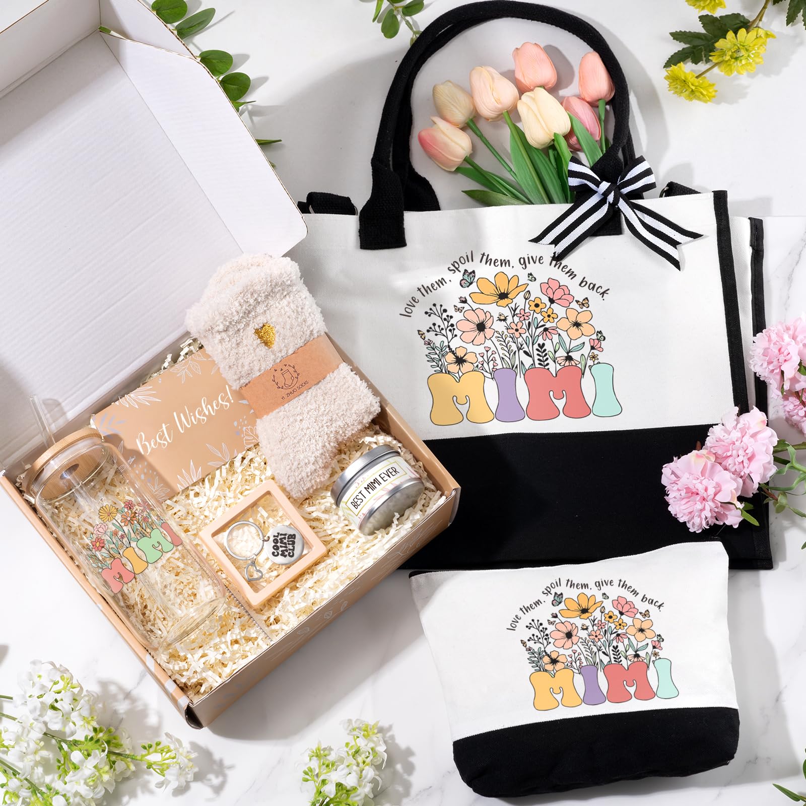 iAOVUEBY Mimi Gifts for Women Birthday Mothers Day Gifts Set from Granddaughter Grandson Grandchildren, 16 Oz Glass Cup Canvas T