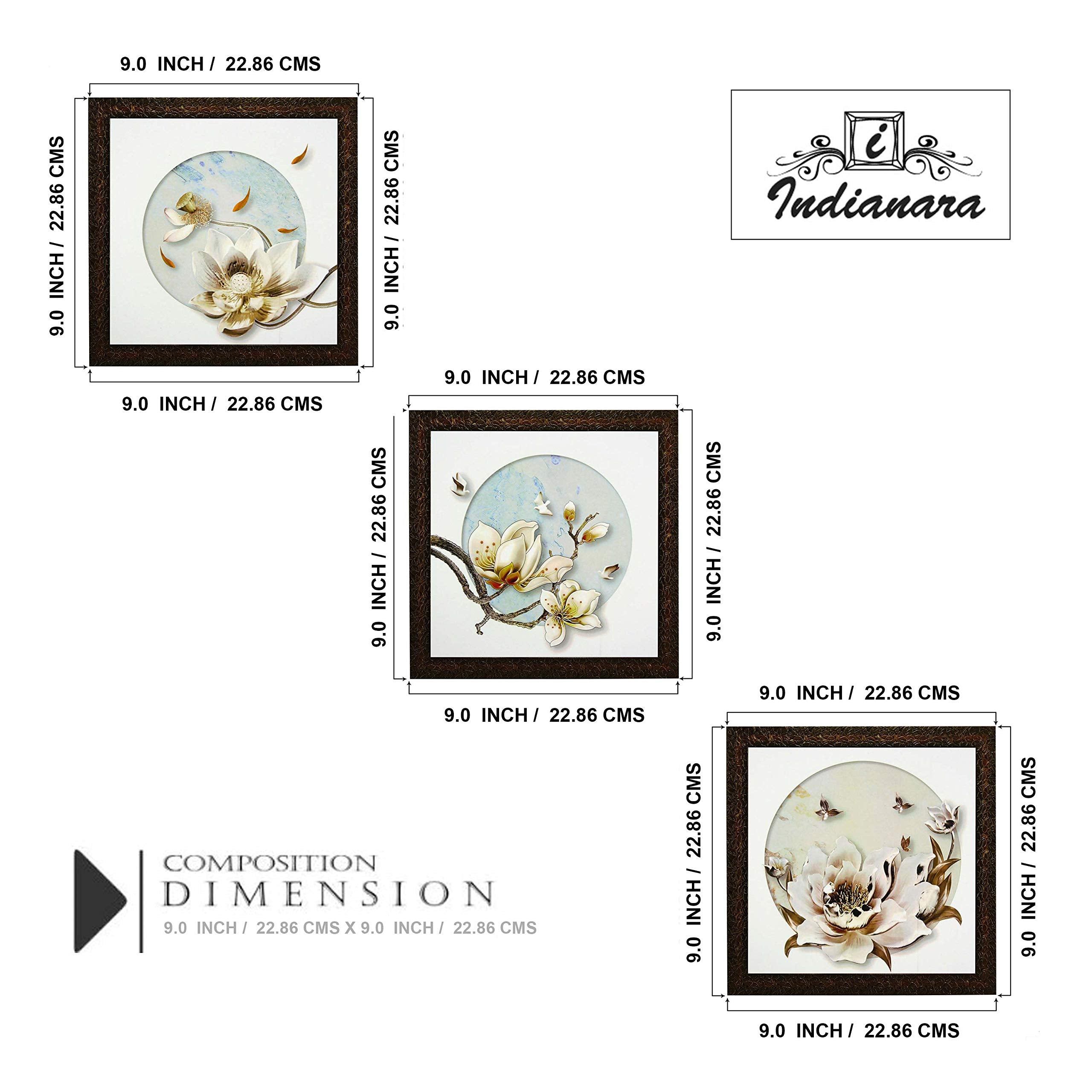 Indianara Set Of 3 White Birds On White Flowers Framed Wall Hanging Laminated Paintings Matt Art Prints 9 Inch X 9 Inch Each Wit