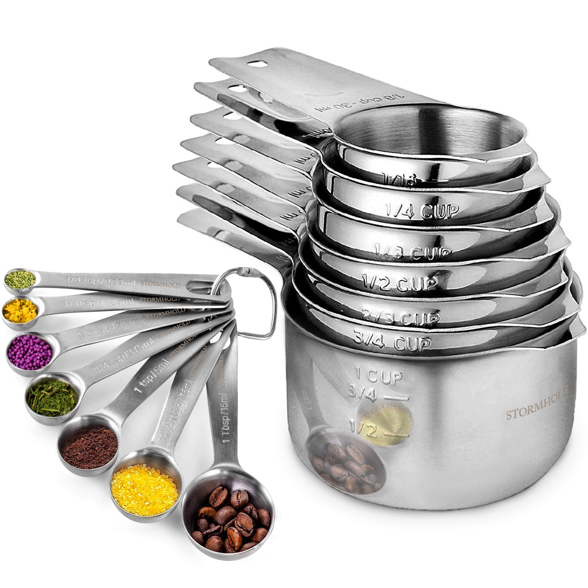 Colibrox Stainless Steel Measuring Cups And Spoons Set Of 17 Pieces - 7 Nesting Cups And 7 Stackable Spoons - Durable Profession