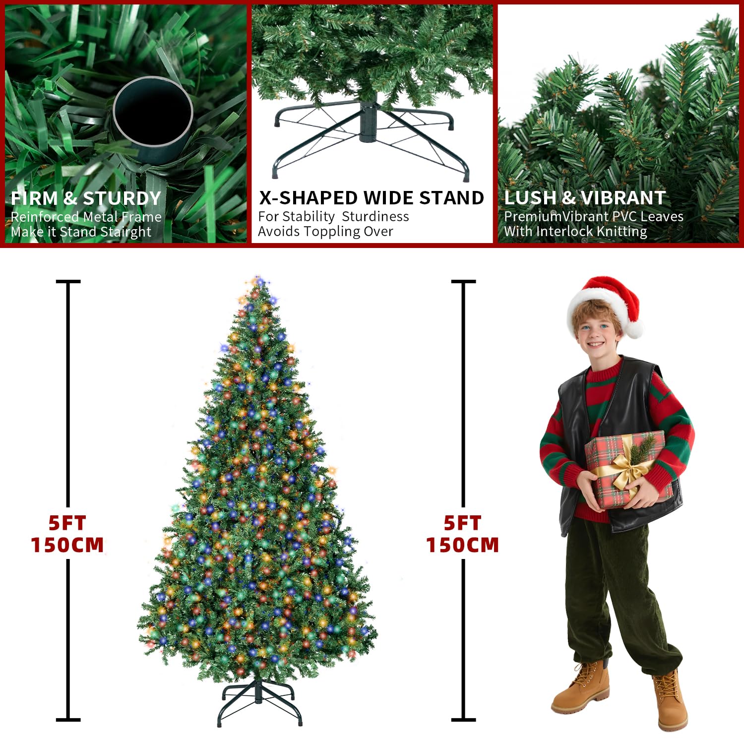 5FT Christmas Tree with Lights,Artificial Christmas Tree with 150 LED Lights and 600 Branch Tips,Xmas Tree with Foldable Stand P