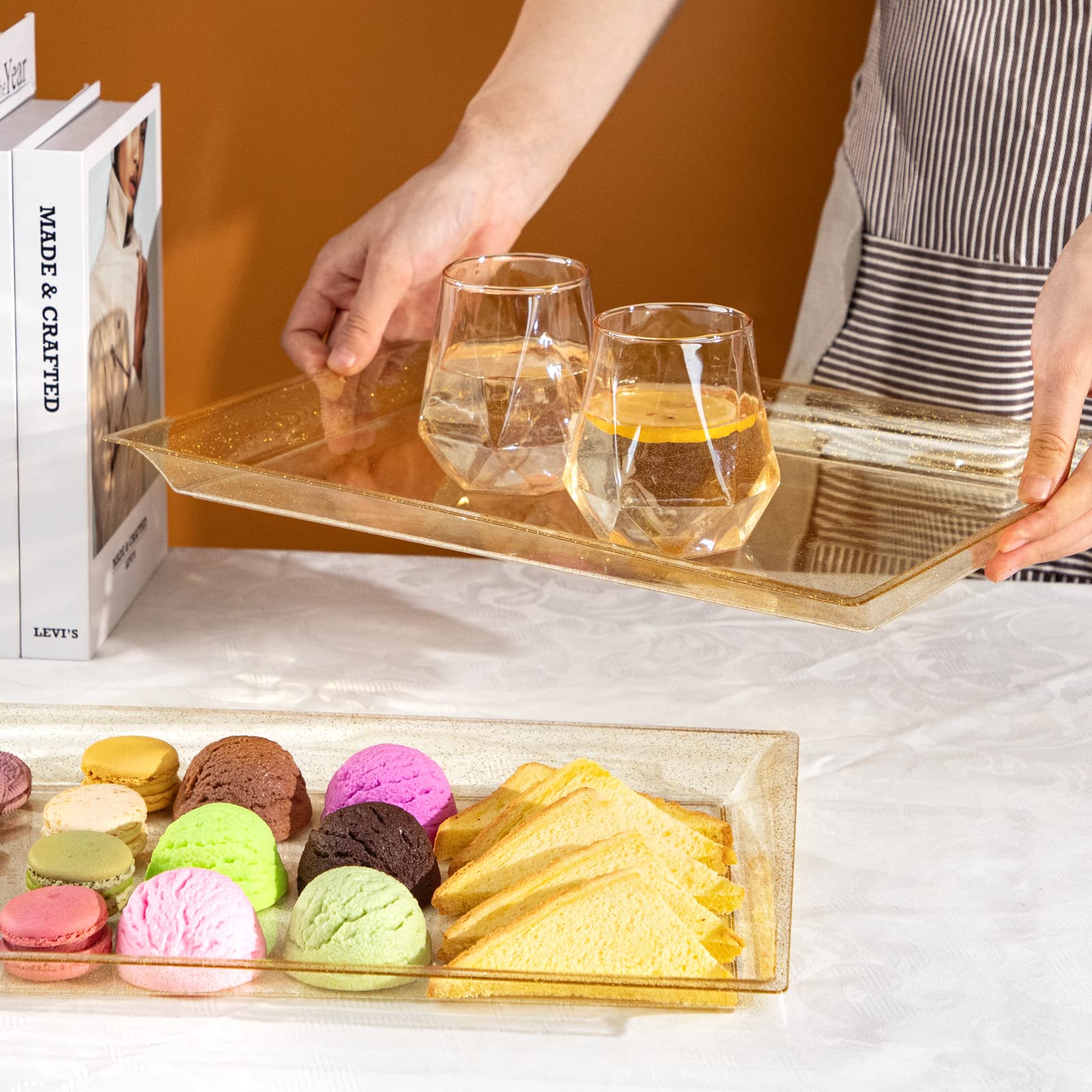 I00000 6 Pack Gold Glitter Plastic Serving Tray, 15'' X 10'' Crooked Food Trays, Clear Disposable Serving Platter For Parties, W