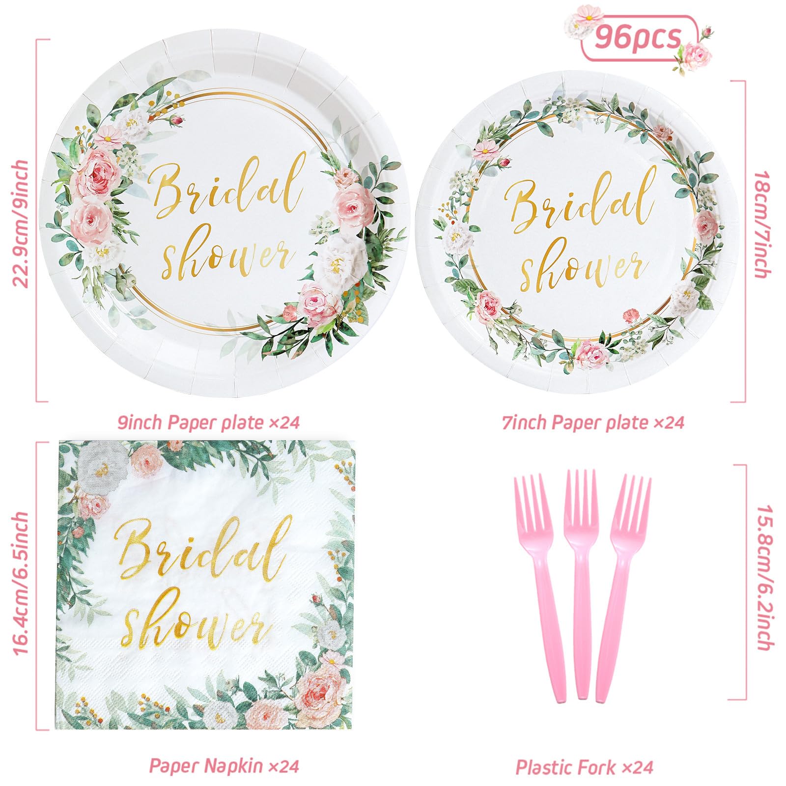 Qifu Bridal Shower Decorations Party Tableware - Pink And Gold Floral Paper Plates,Dessert Plates,Napkins And Forks Sets For 24