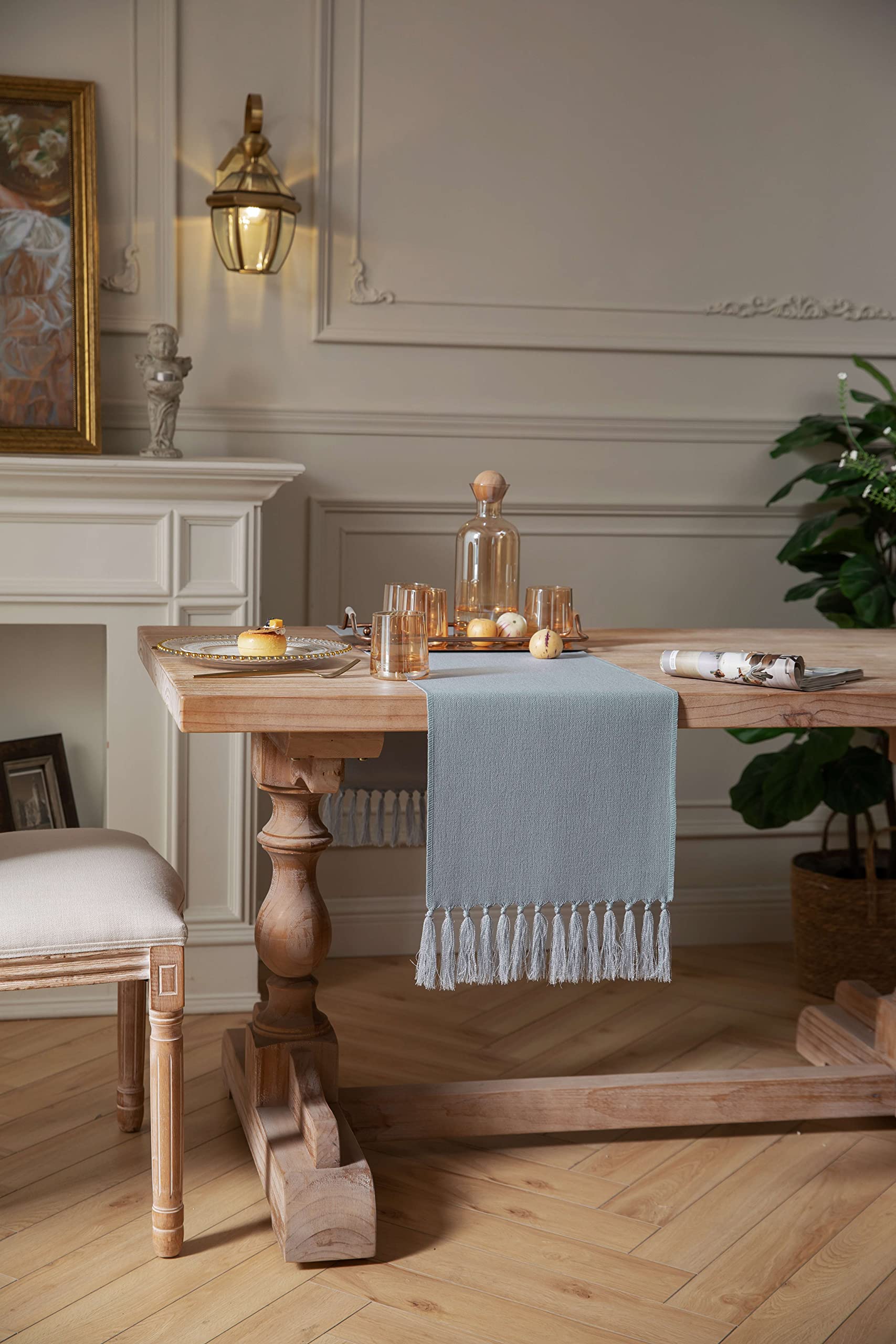 ZeeMart Dusty Blue Table Runners 90 Inches Long  Burlap Linen Style Rustic Farmhouse Table Runner  Long Boho Dining Table Runner  13x90 Inches  Light Dusty Blue