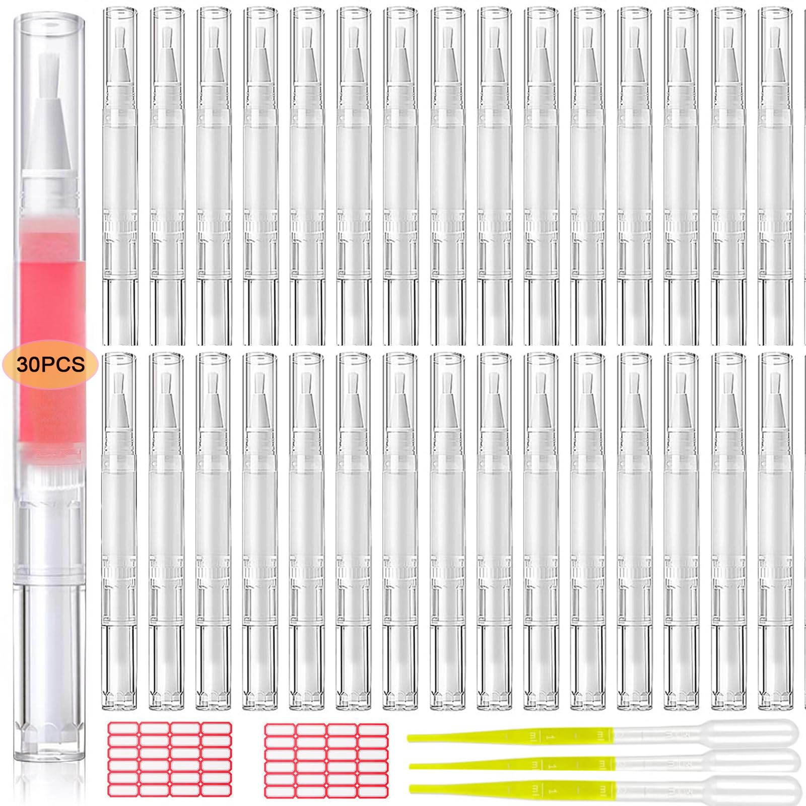 42 PCS Cuticle Oil Pen Empty for Nails, 30pcs 3ML Transparent Twist Pen 10pcs Transfer Pipette 2pcs Stickers for Cuticle Oil Nai