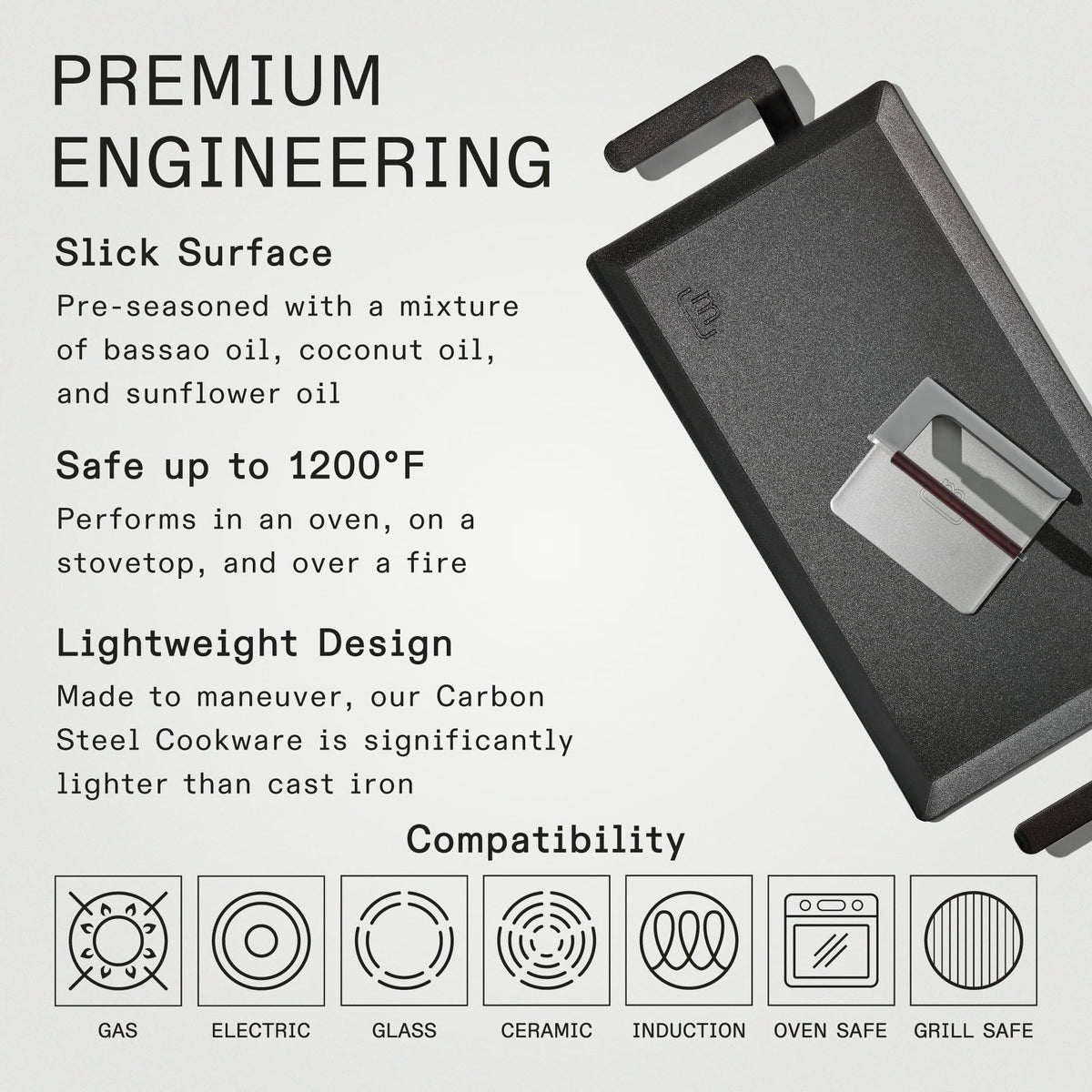 Conduction Compatible Griddle Made In Carbon Steel Griddle + Grill Press - Induction Compatible, Bla ...