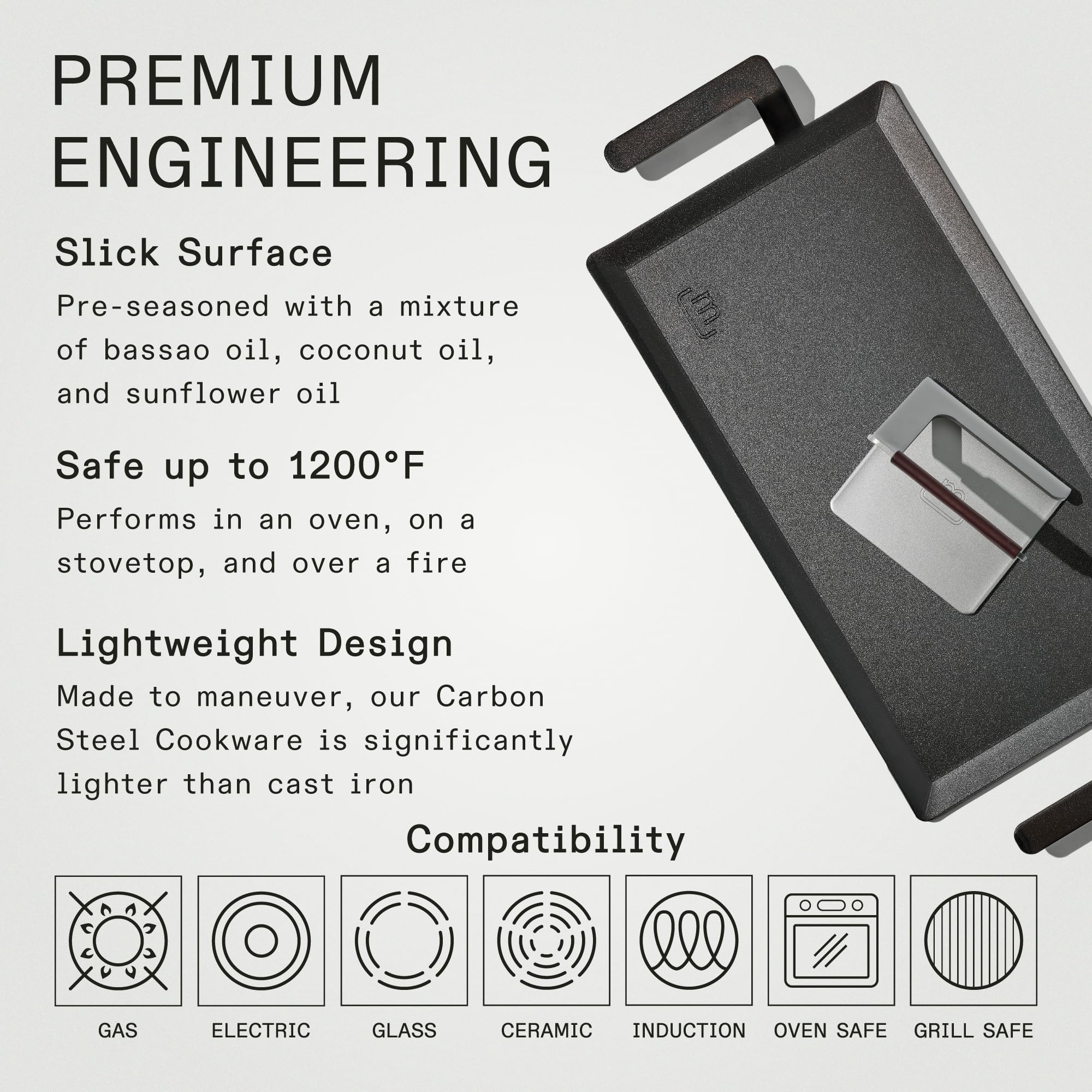 Made In Carbon Steel Griddle + Grill Press - Induction Compatible, Black, Rectangular Model - Professional Cookware, Crafted in Sweden