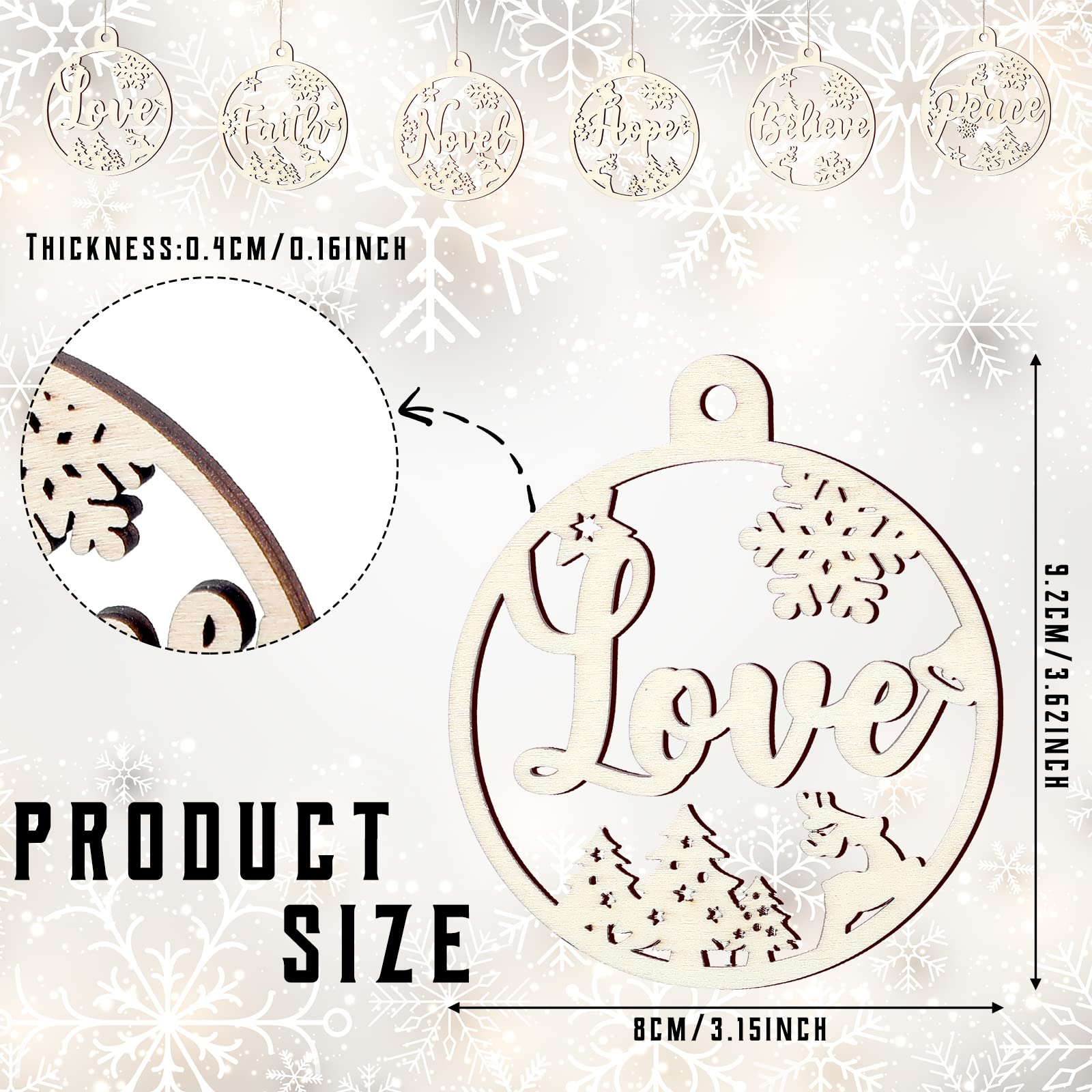 24 Pcs Christmas Hanging Wooden Ornaments Hollow Wood Letter Cutouts for Christmas Tree Pendants Gift Tags Wood Rustic Xmas Tree