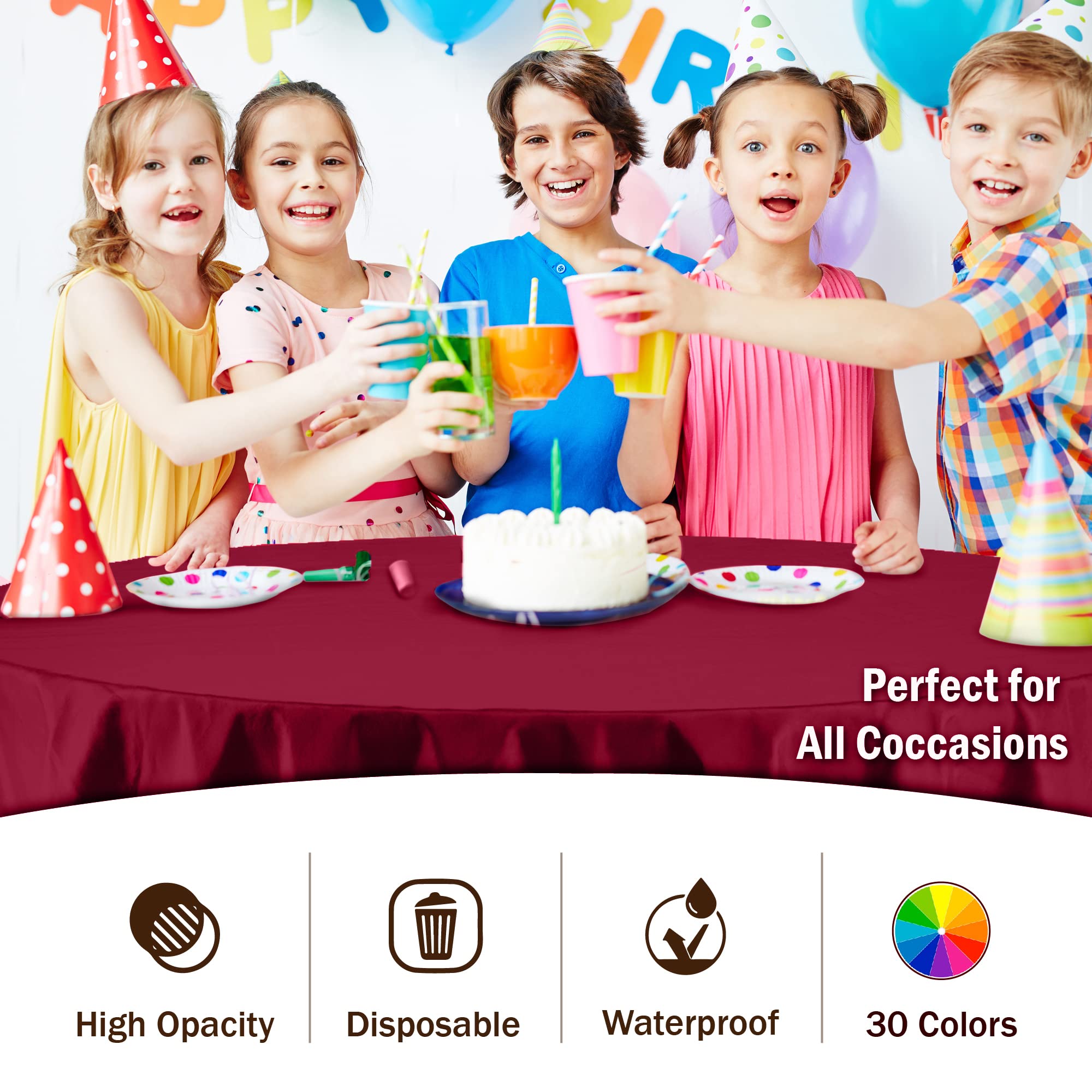 Exquisite 6-Pack Premium Plastic Tablecloth 84In. Round Plastic Table Cover - Burgundy