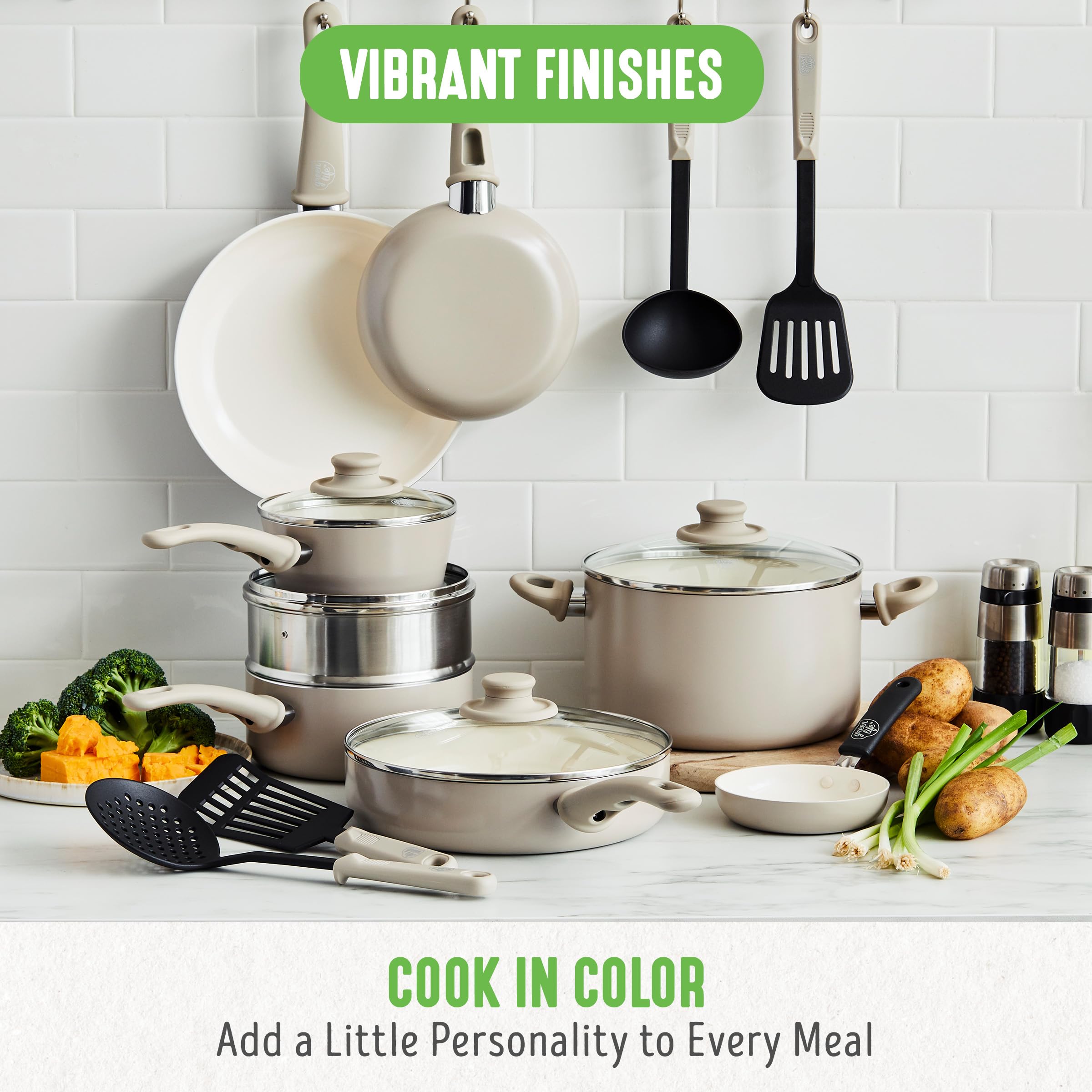 GreenLife Soft Grip Healthy Ceramic Nonstick 16 Piece Kitchen Cookware Pots and Frying Sauce Saute Pans Set, PFAS-Free with Kitc