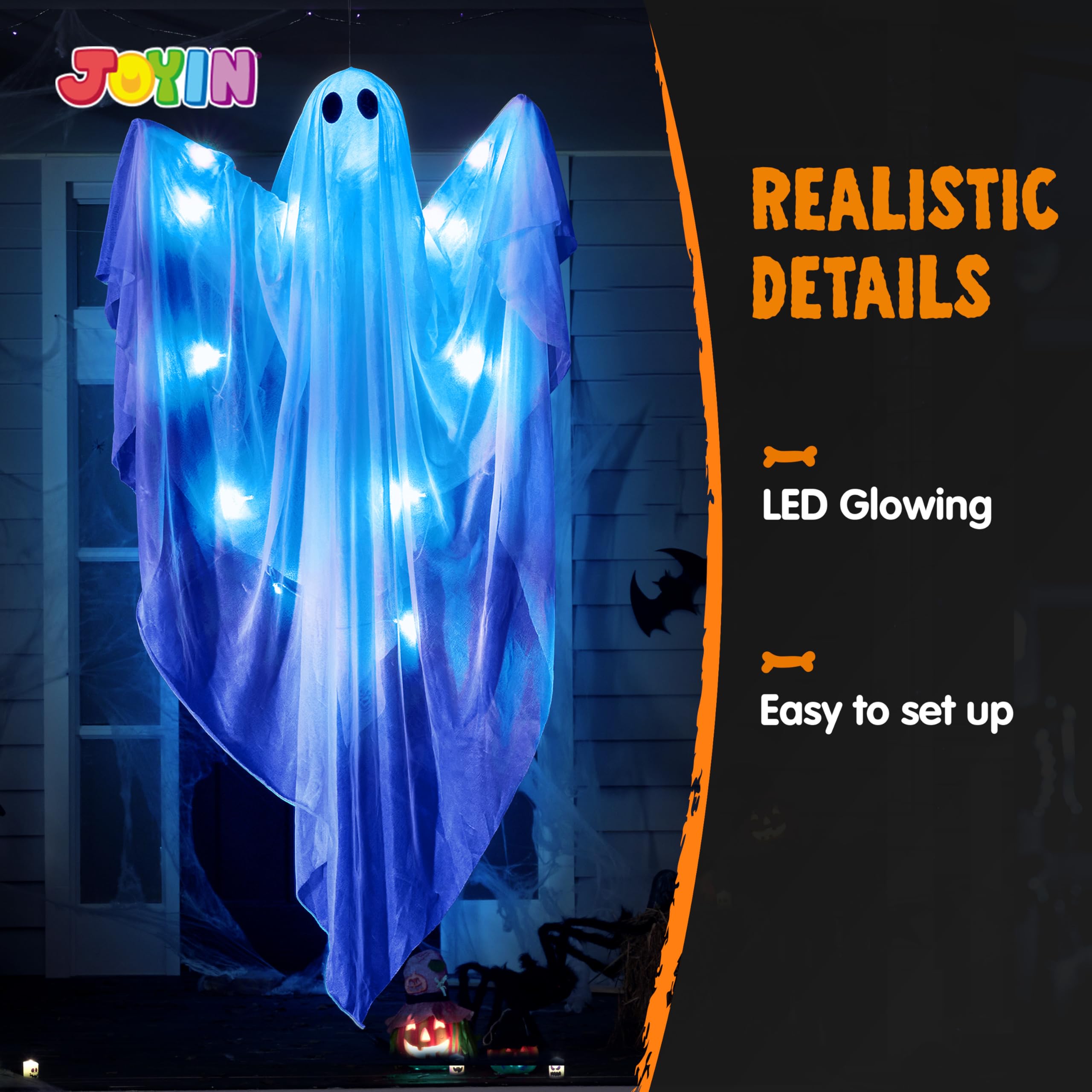 JOYIN Halloween Hanging Light up Ghost with Spooky Blue LED Light, 47    White Ghosts Halloween Hanging Decoration for Front Yar
