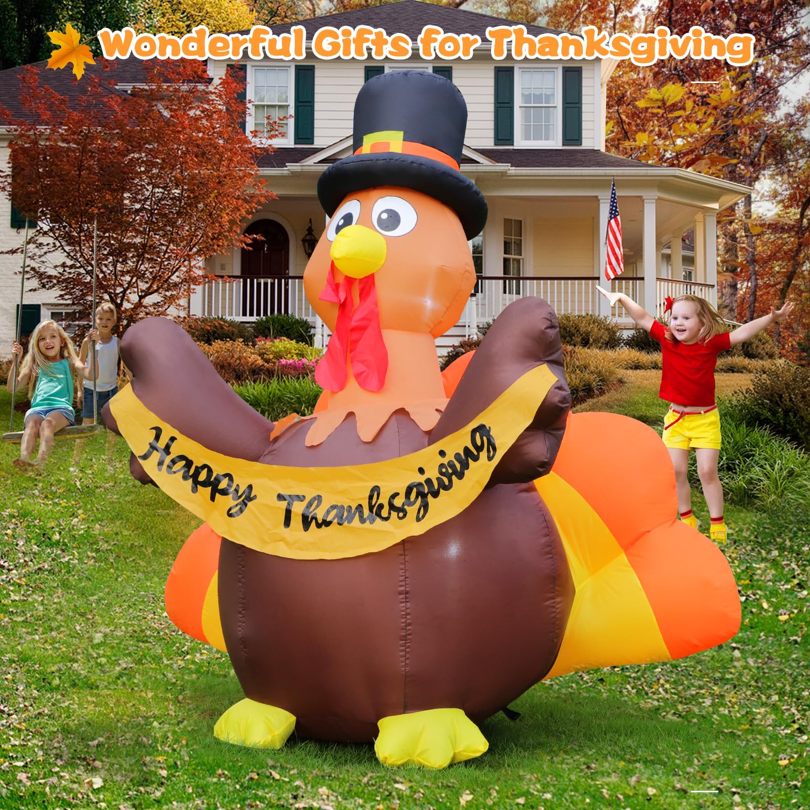 FunFanso Thanksgiving Inflatables Turkey Outdoor Decorations with Built-in LED Lights, 4.5FT Tall Blow Up Turkey with Pilgrim Ha