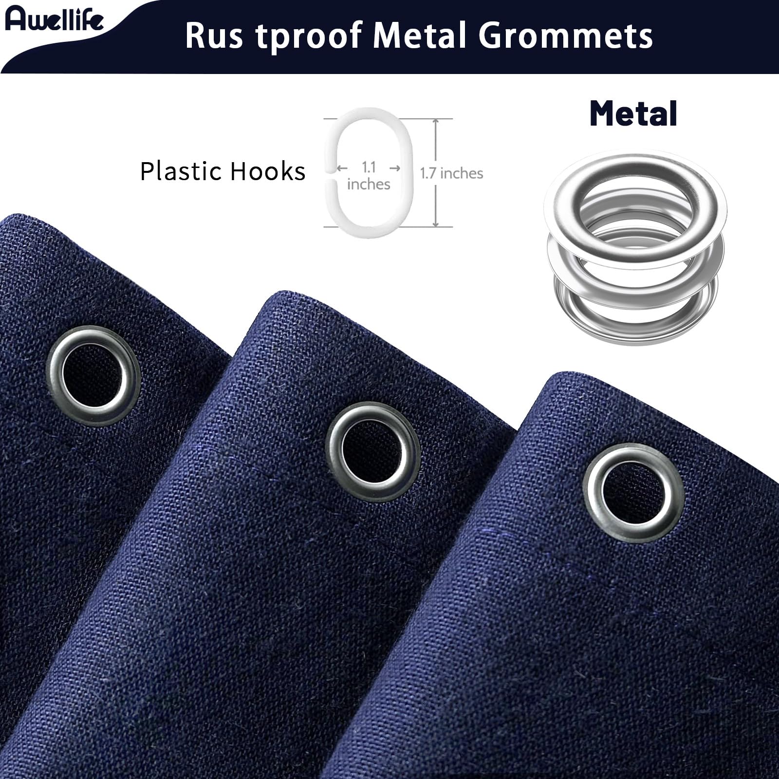 Awellife Navy Blue Linen Shower Curtain For Bathroom Natural Cotton Cloth Fabric Farmhouse Boho Shower Curtain With 12 Durable H