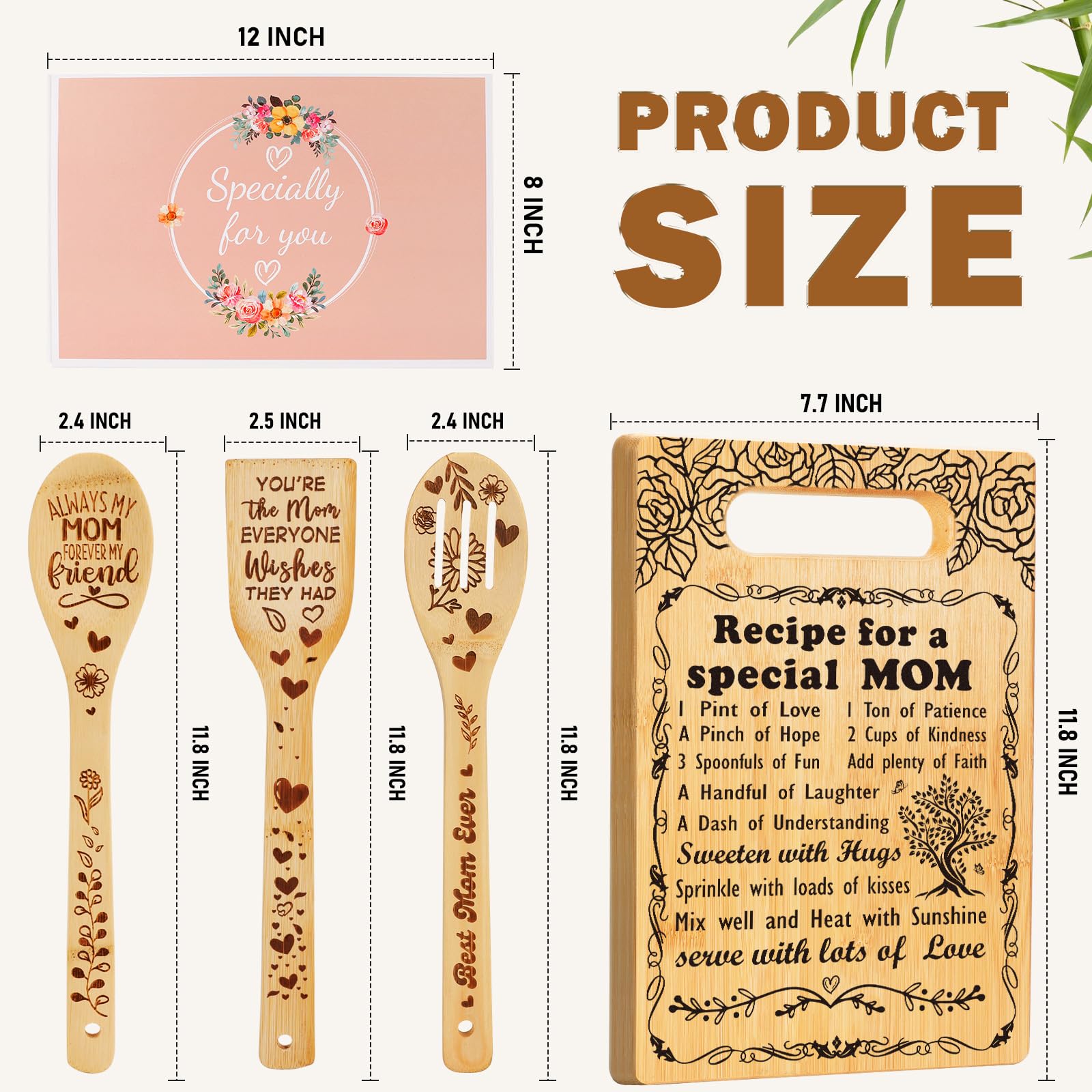 Birthday Gift for Mom, Recipe for a Special Mom- Christmas Birthday Mom Gifts from Daughter Son Cutting Board Set, Engraved Uten