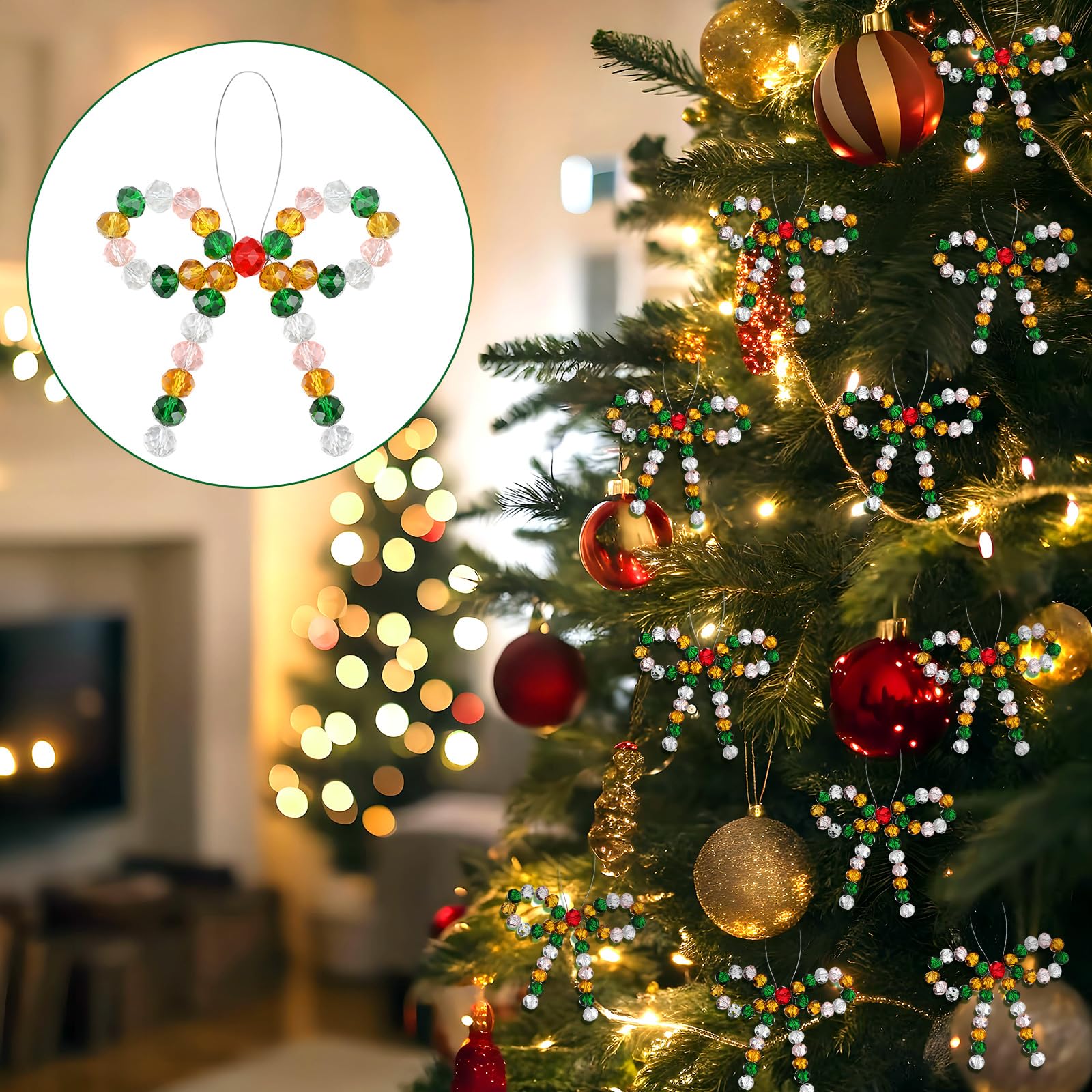 VioraWhite 12 Pcs Crystal Beads Bow Christmas Tree Ornaments - Christmas Tree Bead Bow Hanging Ornaments for Xmas Party Crafts,