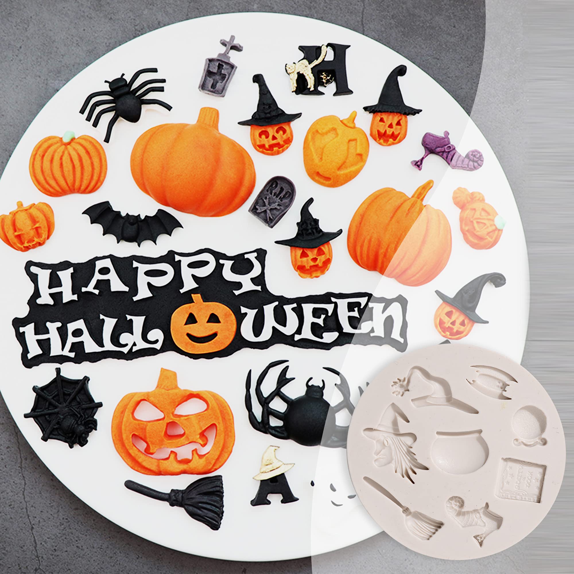 Halloween Fondant Molds (5 Pcs), Pumpkin Spider Ghost Witch Skull Silicone Chocolate Molds, For Baking Cake Cupcake Decoration C