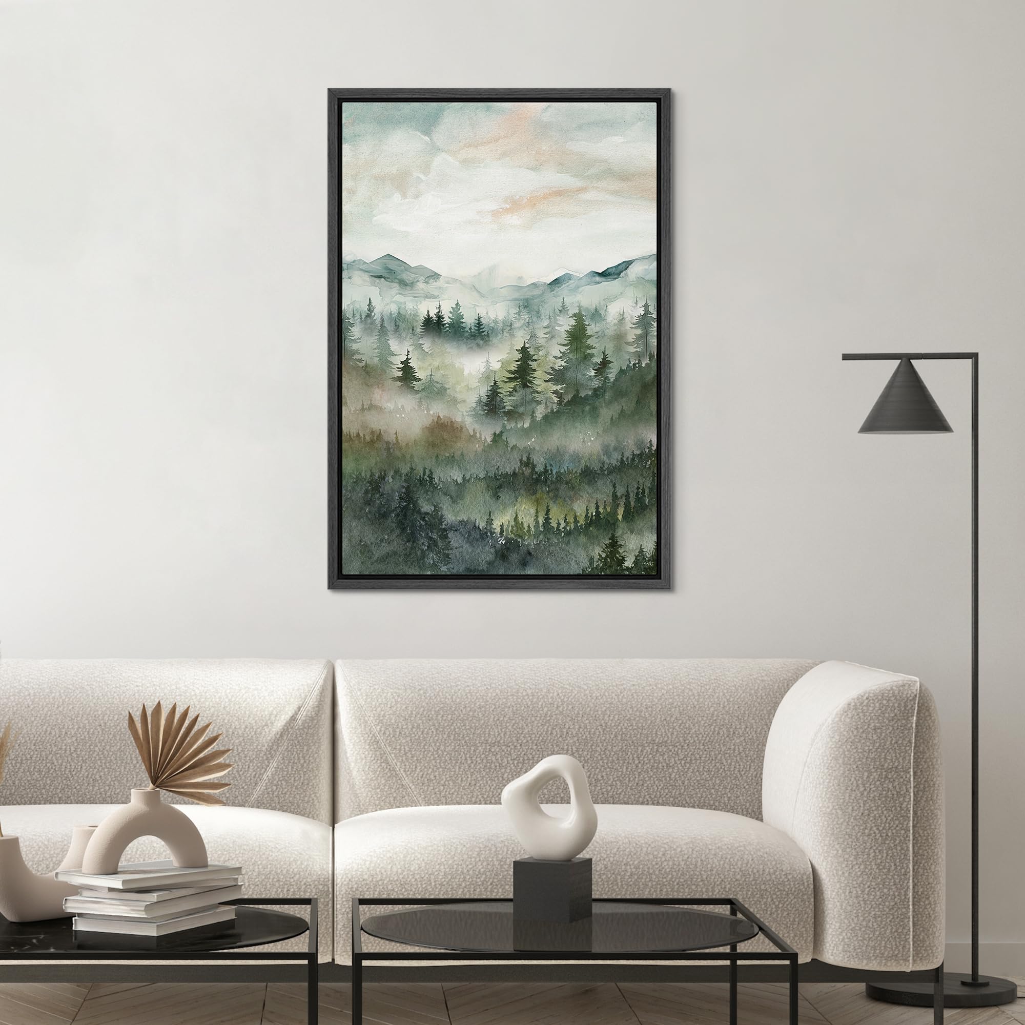 Signwin Framed Canvas Print Wall Art Woodland Nursery Decor Green Winter Mist Mountain Forest Trees Nature Modern Art Decorative