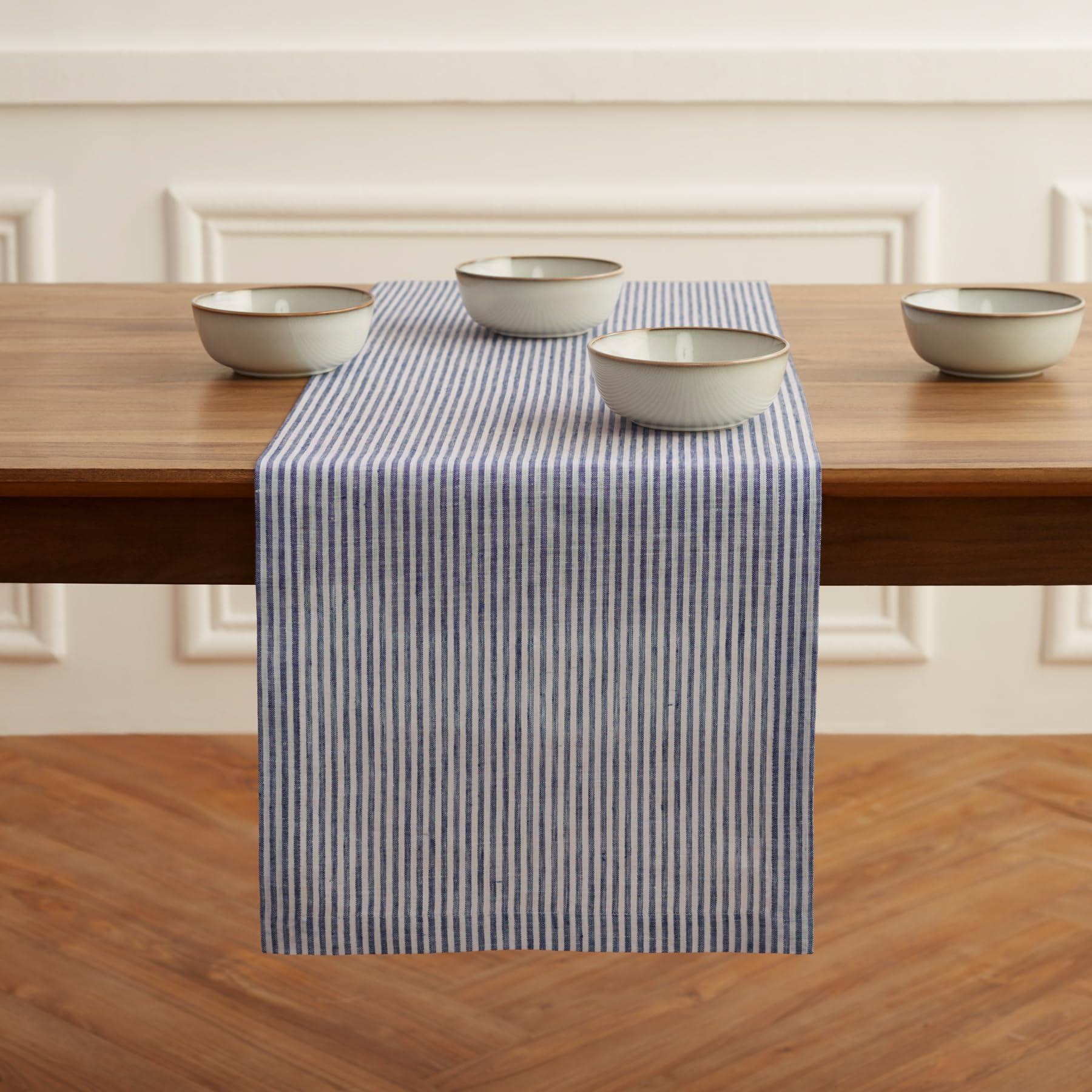 Solino Home Stripe Linen Table Runner 60 Inch - 100% Pure Linen Navy And White Short Table Runner 14 X 60 Inch Ideal For Dresser