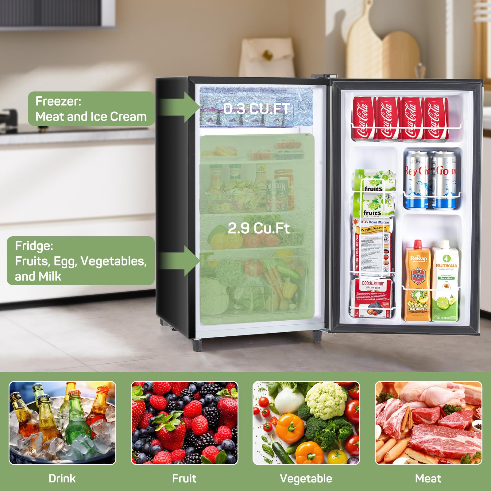 Zibbizo Upgraded Mini Fridge For Bedroom 3.2 Cu.Ft Small Refrigerator With Freezer For Dorm Office, Compact Single Door Adjustab