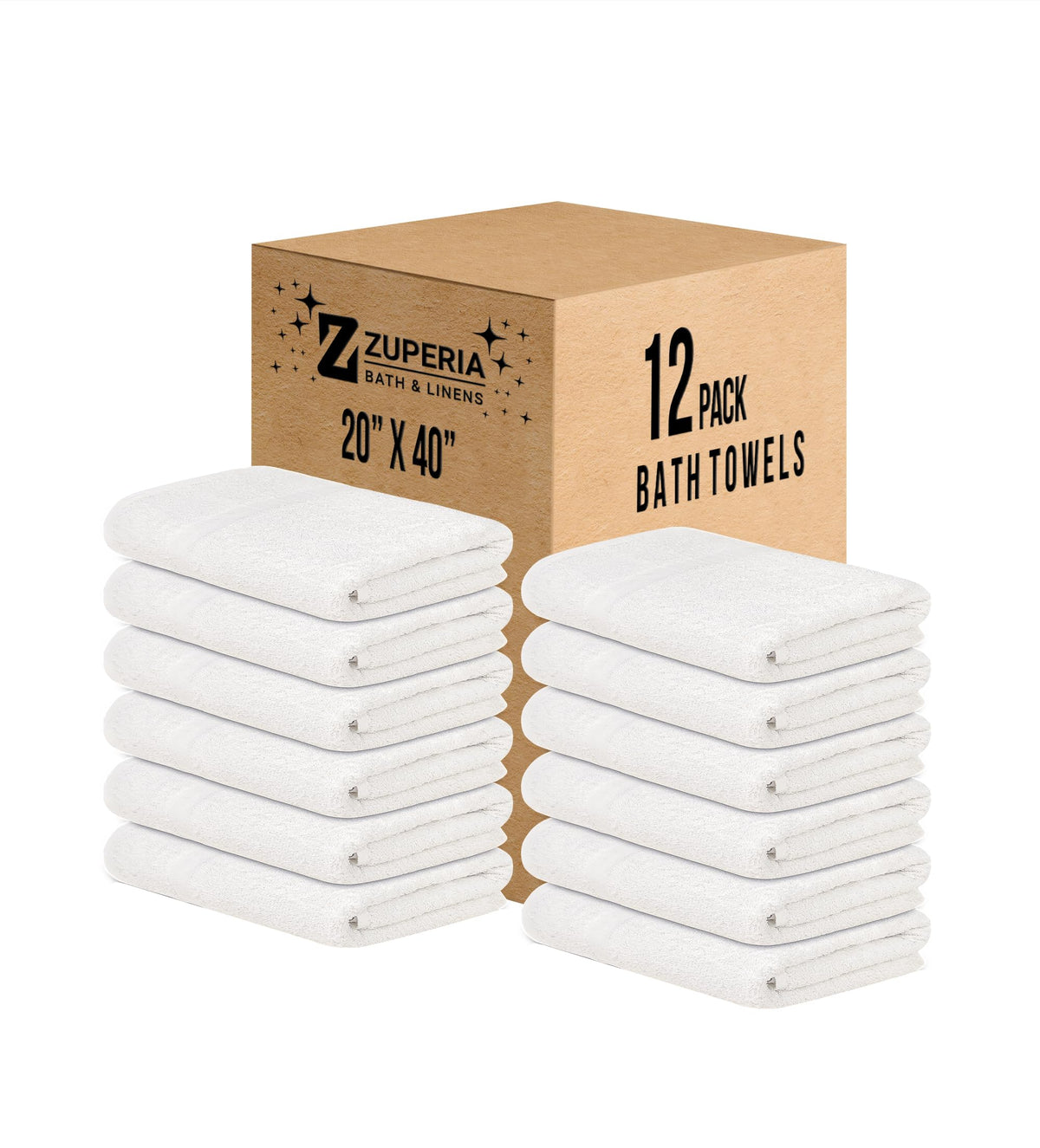 Zuperia White Bath Towels Bulk 12 Pack - 20 X 40 Inches, 100% Cotton Economy Light Weight Towels For Commercial Use - Quick Dry,