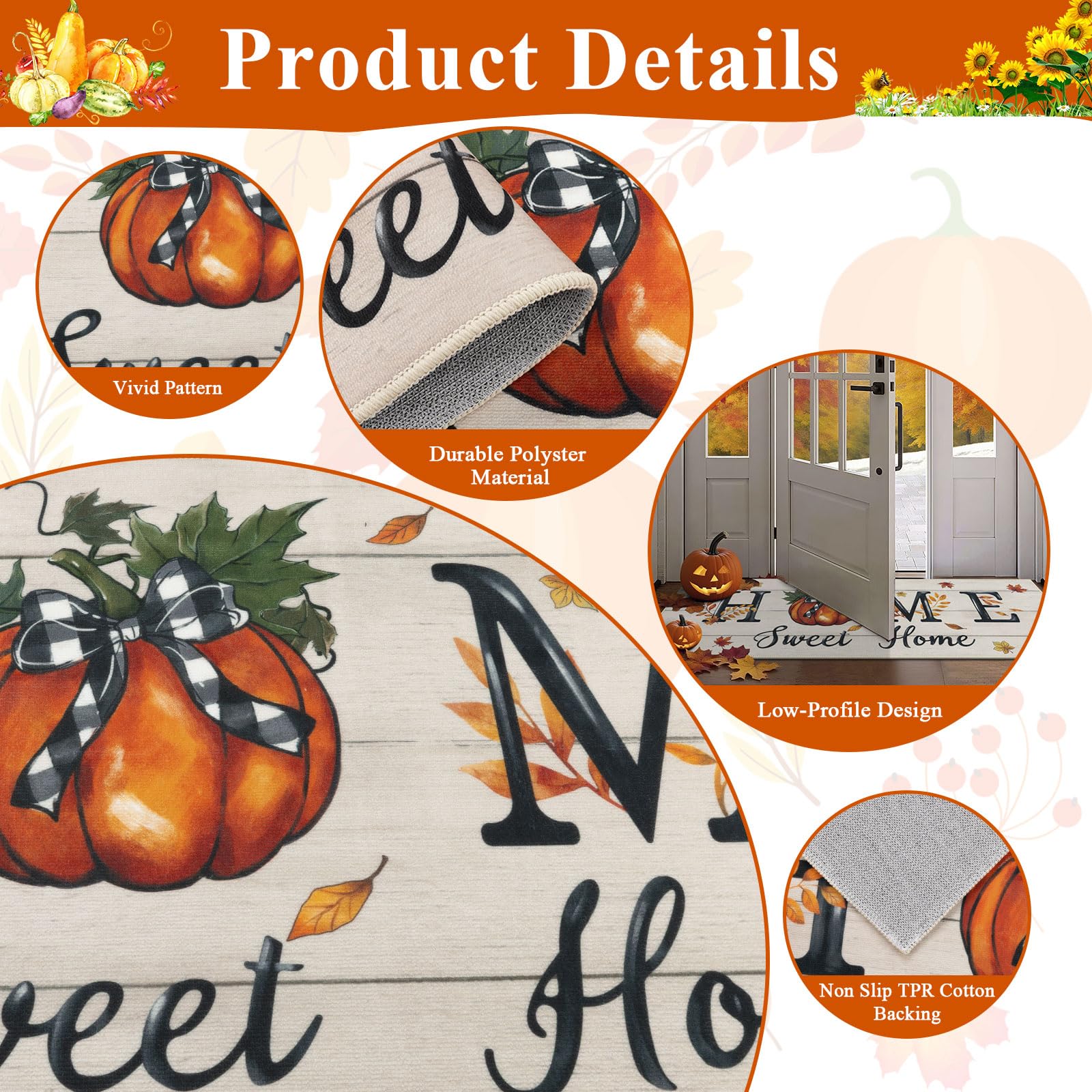 U Artlines Fall Pumpkin&Home Kitchen Rugs with Runner Sets 3 Piece Farmhouse Seasonal Harvest Holiday Party Rugs and Mats Non S