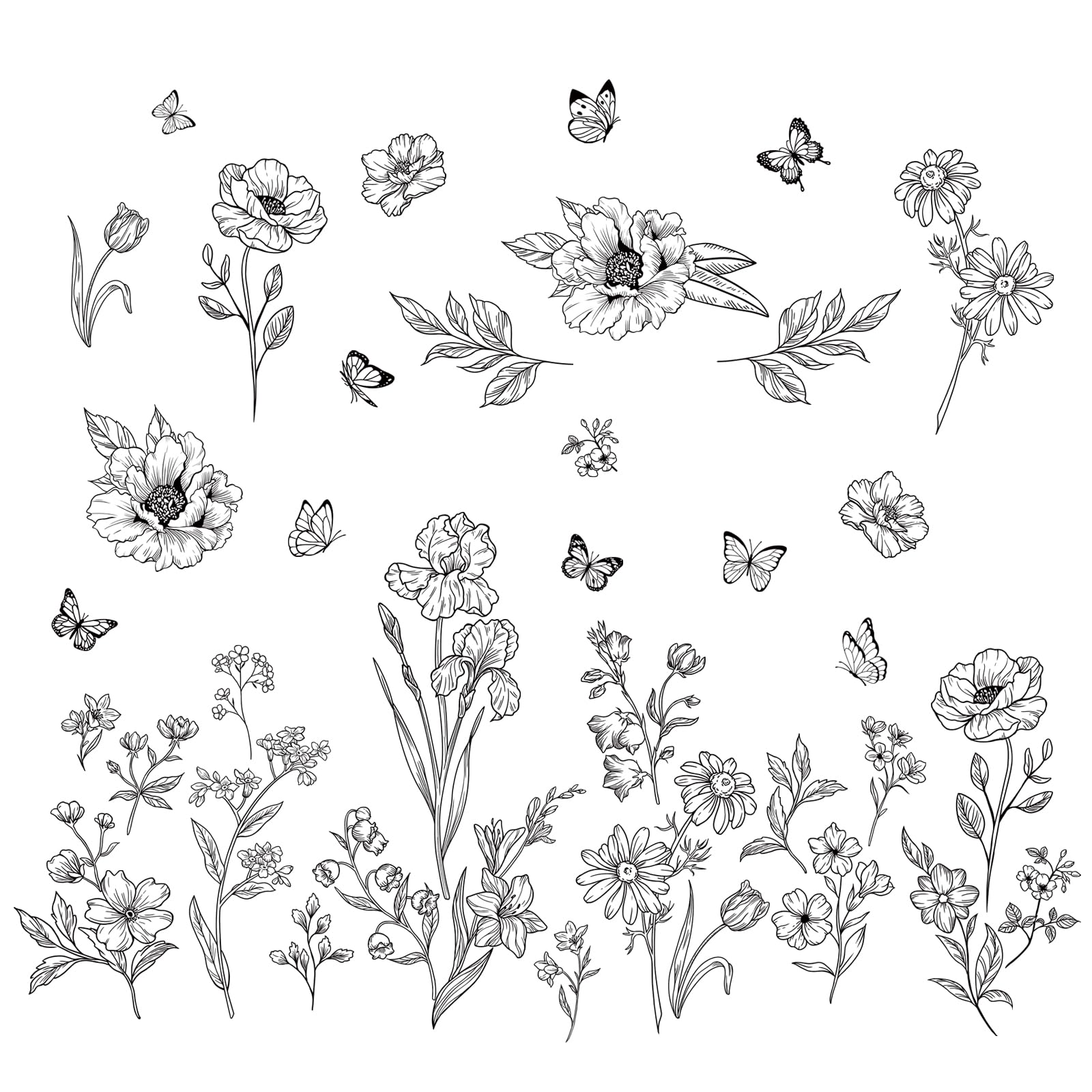 FUFUQUARE Large Boho Black Flower Wall Decals Wildflower Butterfly Simple Wall Stickers Removable Wall Art Decor for Living Room