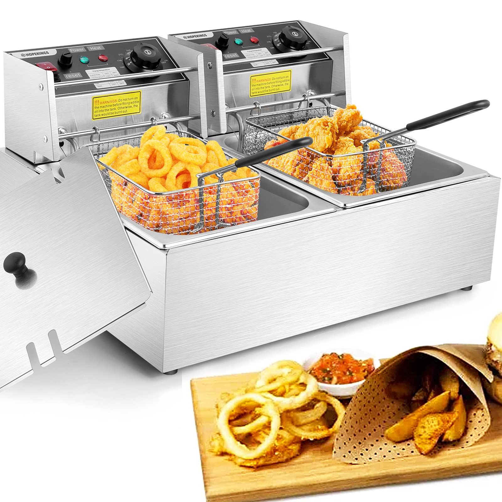 Casulo Electric Deep Fryer With Removable 2 X 6L Basket & Lid, 20.7Qt Commercial Deep Fryers With Temperature Limiter, Stainless