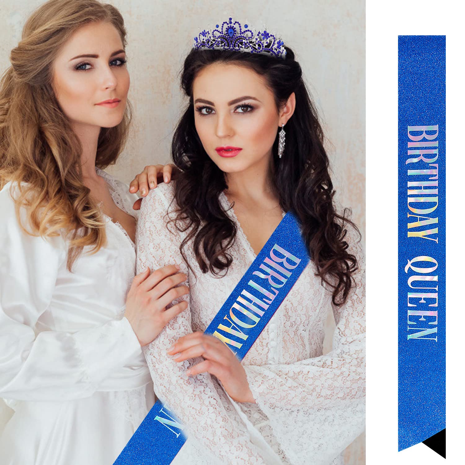Velscrun Happy Birthday Queen Blue Silver Tiara Crowns For Women, Birthday Sash, Birthday Party Favors Supplies Birthday Gift Fo