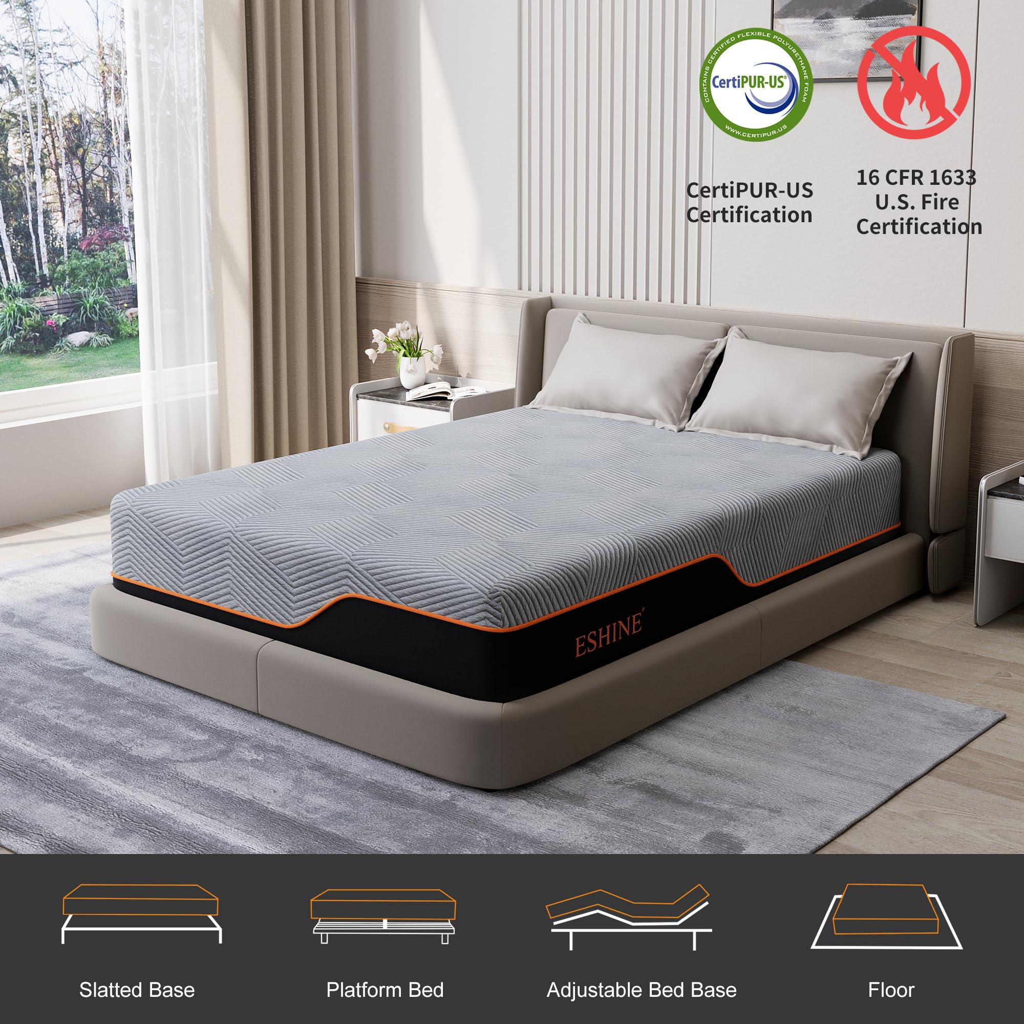 Eshine 14 Inch Queen Memory Foam Mattress - Queen Size Mattress With Gel Memory Foam For Back Pain And Pressure Relief, Green Te