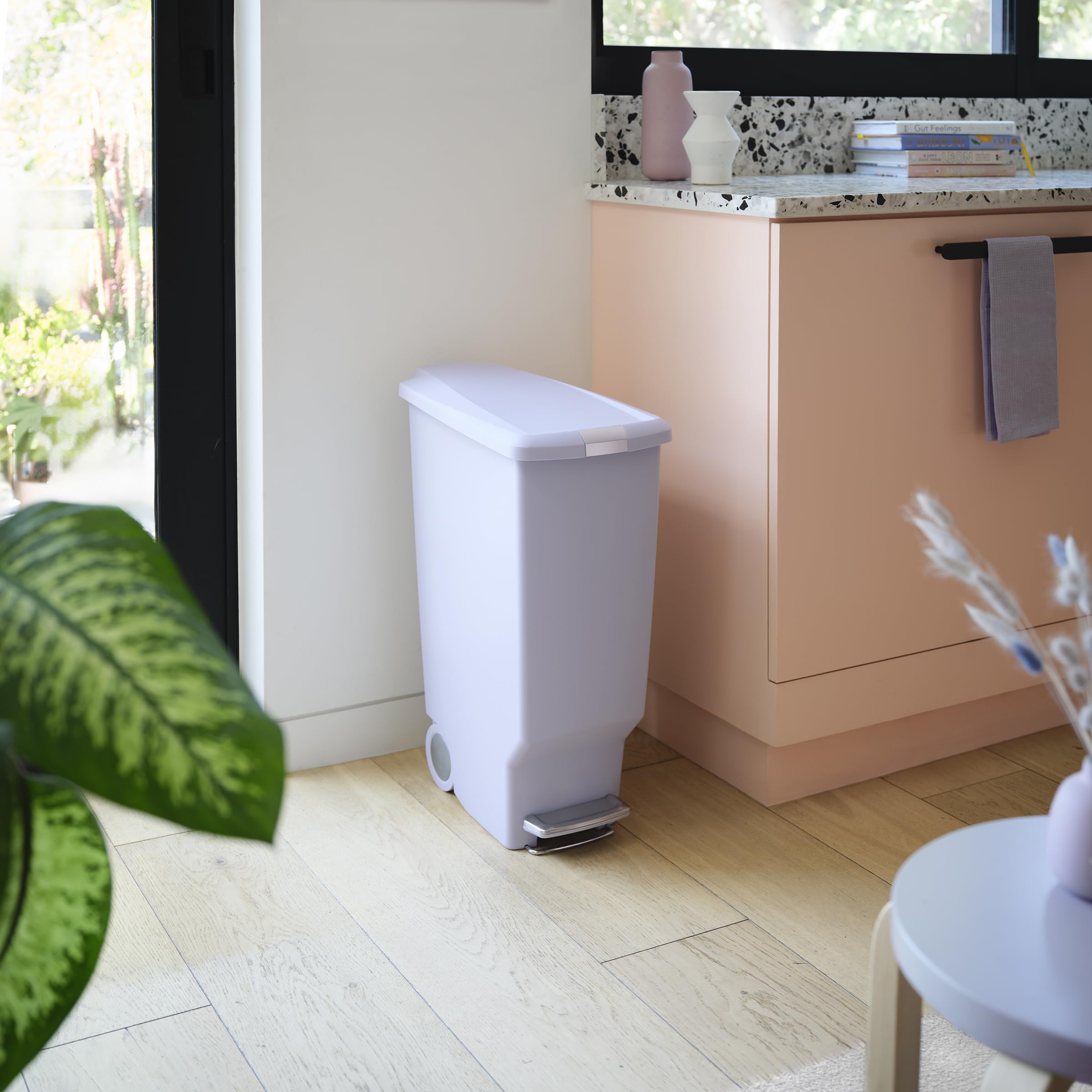 simplehuman 40 Liter / 10.6 Gallon Hybrid Slim Kitchen Step Trash Can with Secure Slide Lock, Lilac Plastic