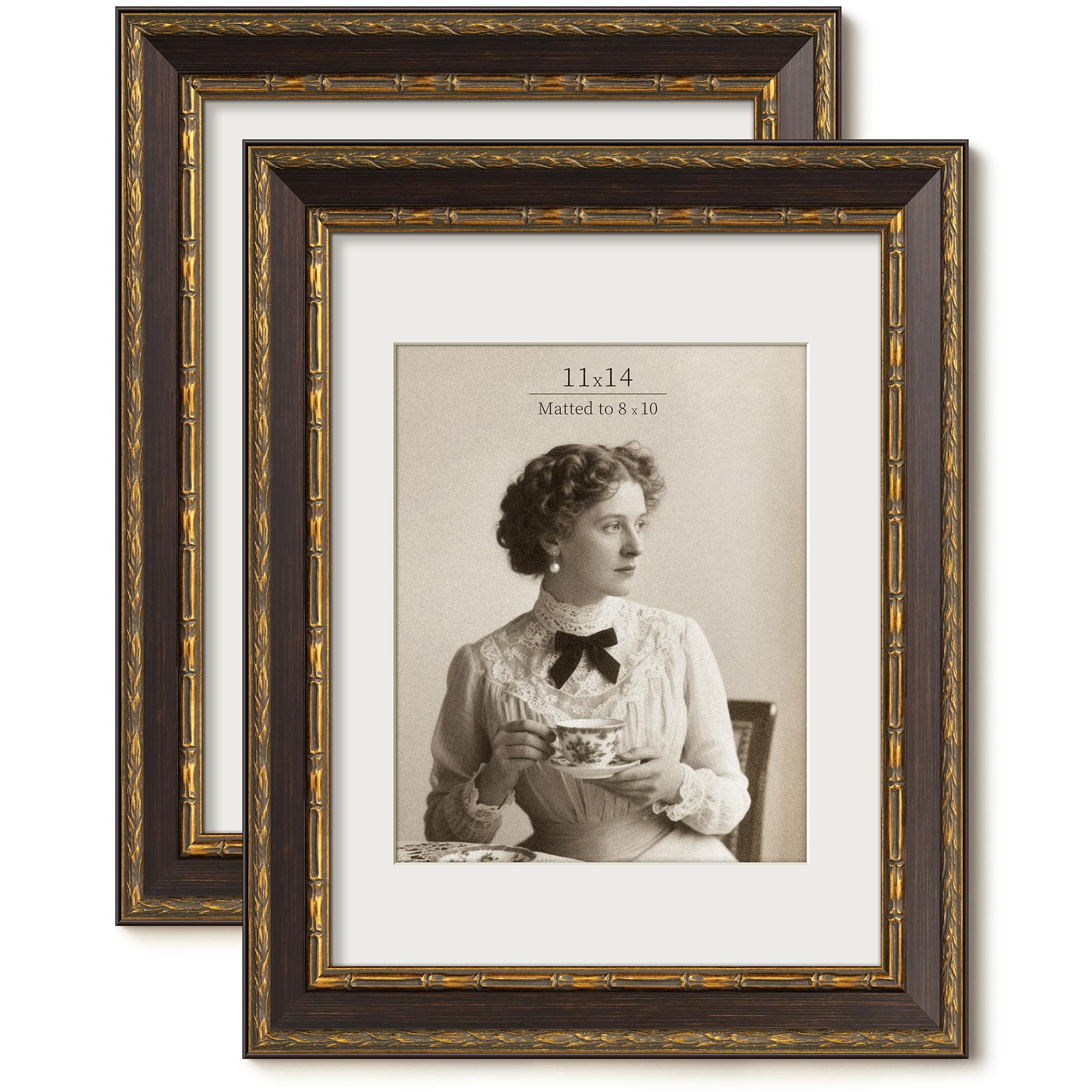 FrameMind Vintage 11x14 Picture Frame, Ornate Antique Gold 11x14 Frame with Tempered Real Glass, Display 8x10 with Mat or 11 x 1