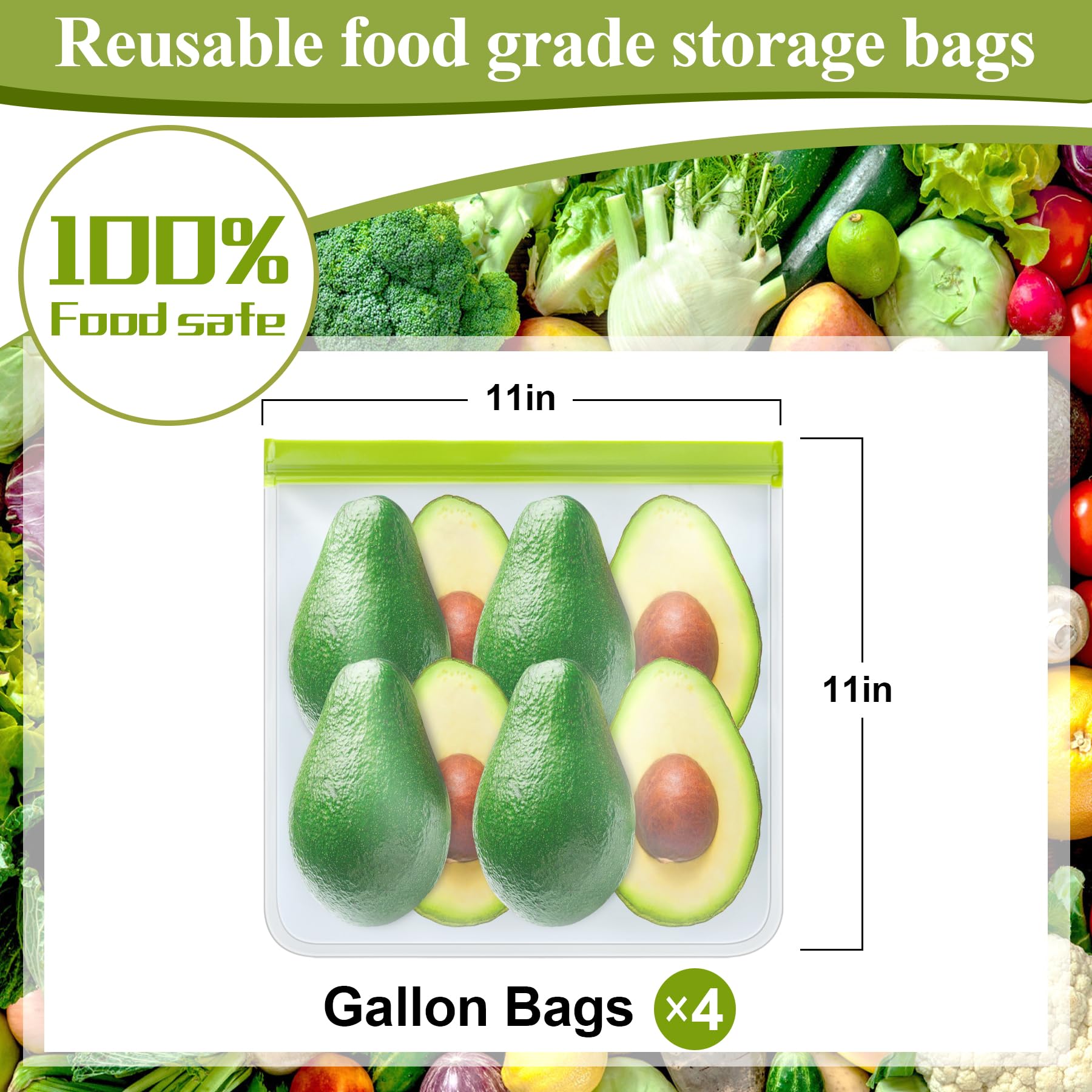 Trouskaig 4 Pack Reusable Gallon Freezer Bags,Silicone Ziplock Bags Reusable Storage Baggies,Reusable Food Storage Bags, Leakpro