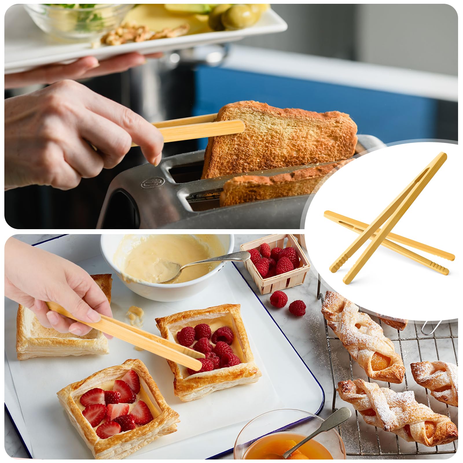 Armrouns Reusable Bamboo Toast Tongs 2 Pcs, 7 Inch Wooden Toaster Tongs For Cooking & Holding, Nature Wooden Kitchen Utensil For
