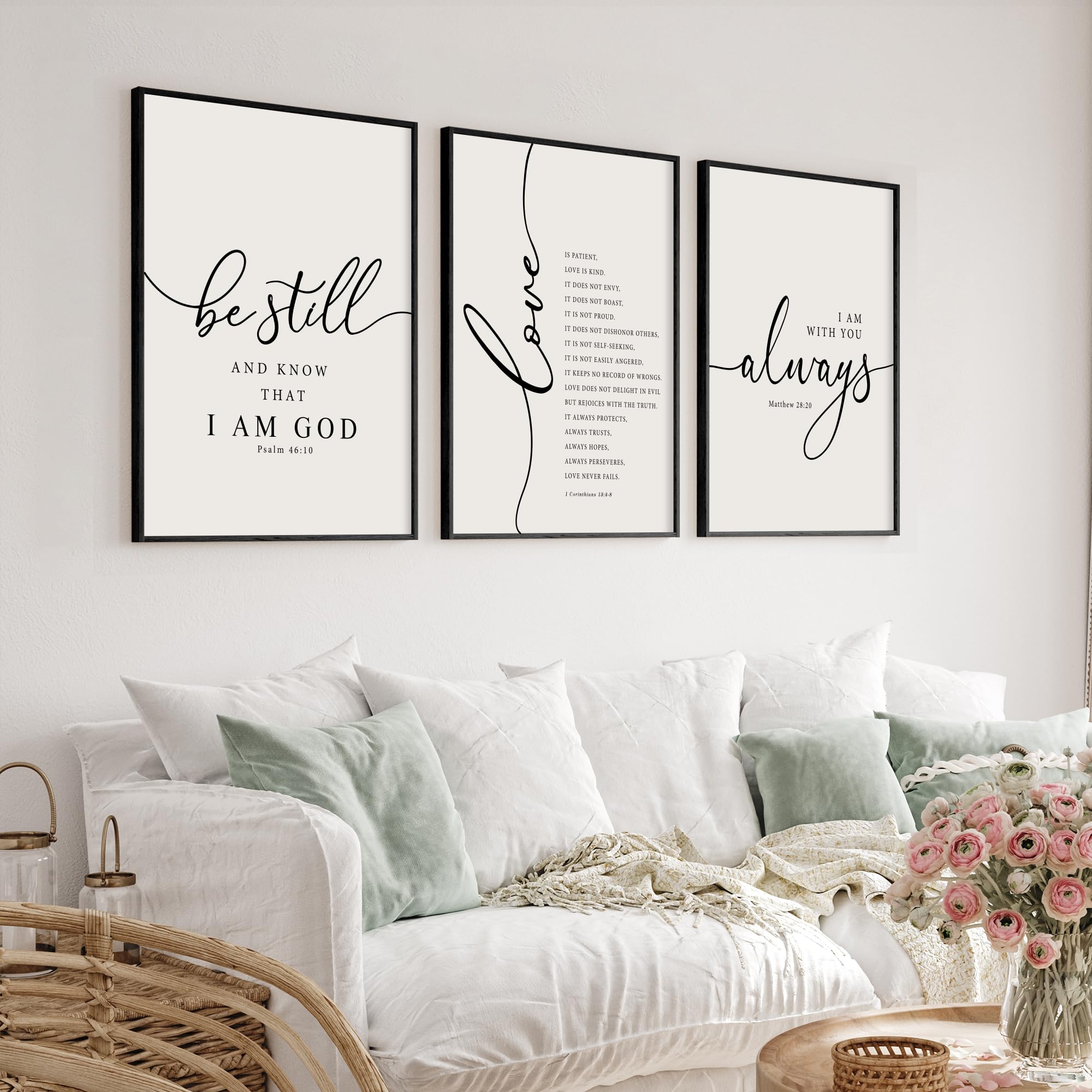 Heiple Framed Be Still and Know that I am God Sign Love is Patient Love is Kind Wall Art Set of 3 Prints for Home Bedroom Decor 