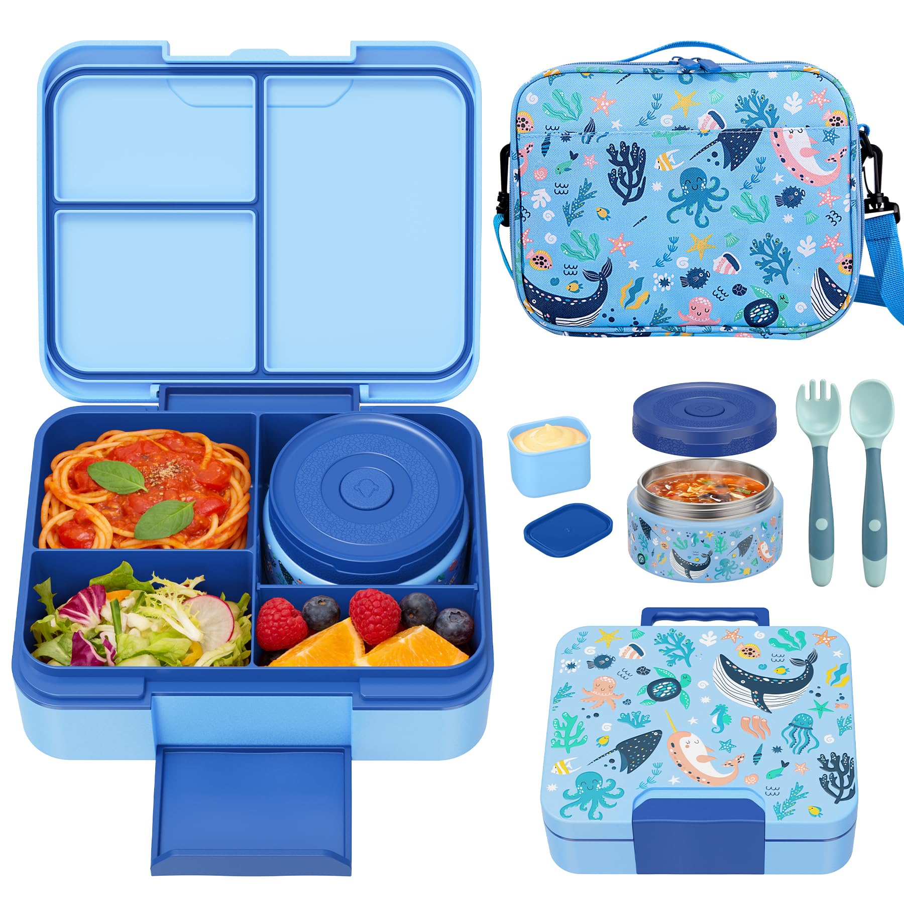 Kids Bento Lunch Box Set with 9.5oz Soup Thermo, LeakProof Lunch Food Containers with 3 Compartment and Removable Inner Tray, I