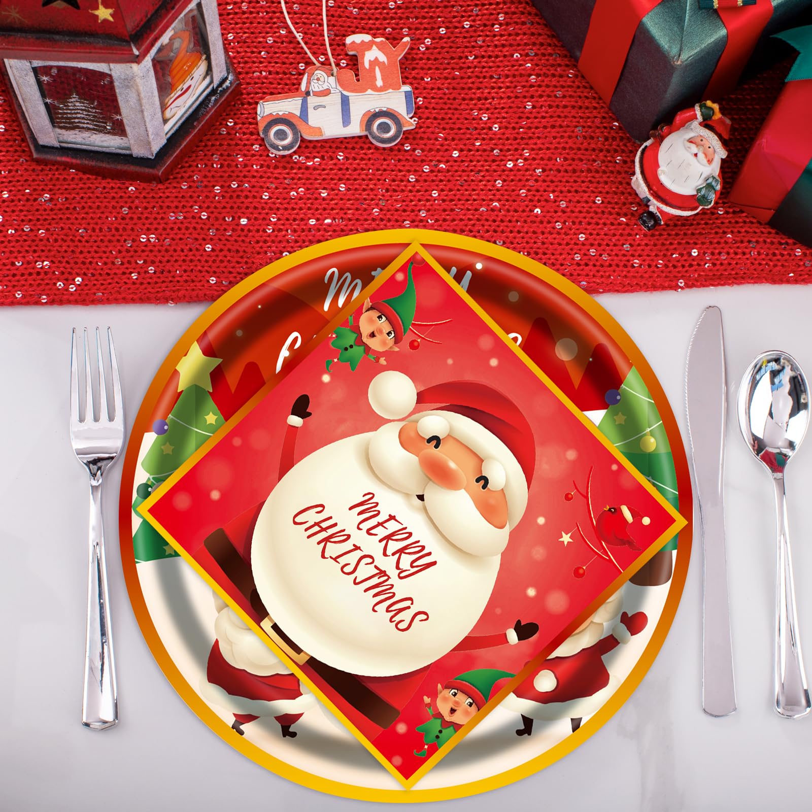 Evyienen 40Pcs Christmas Paper Plates And Napkins Set, Christmas Party Supplies Disposable Holiday Santa Claus Tableware For Mer