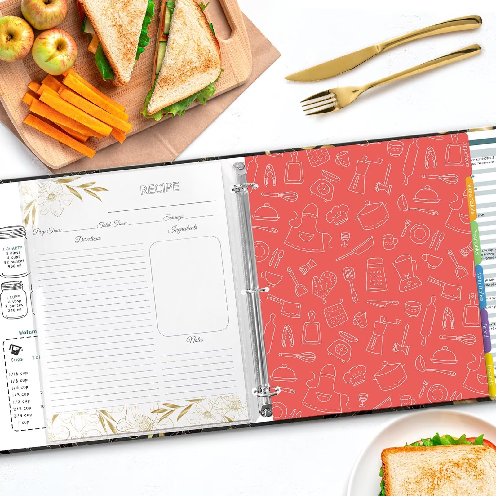 LuBudingJoy Recipe Binder - 8.5x11 Full Page Cards, Plastic Sleeves, Dividers, Black Floral Design