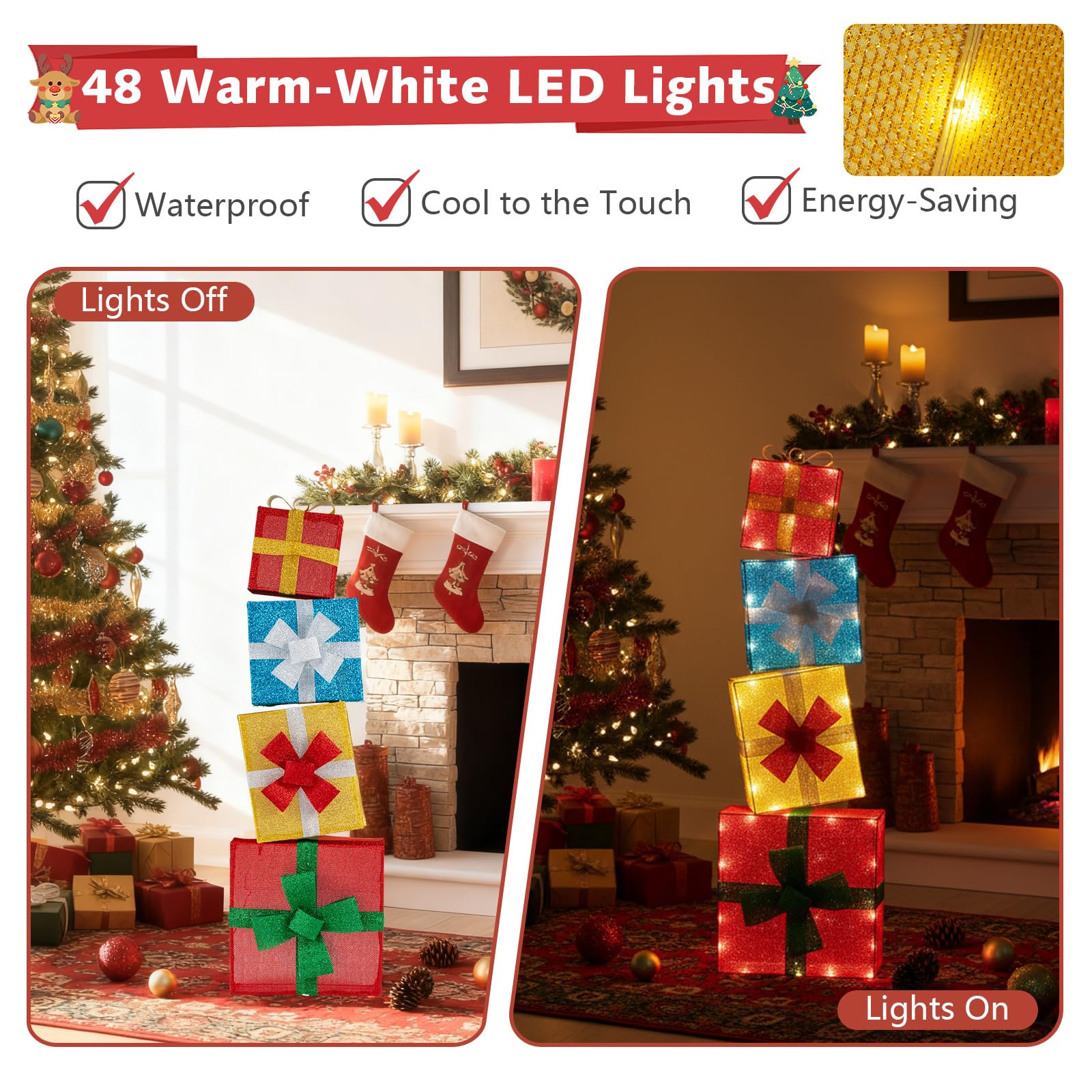 Goplus 4 Ft Lighted Gift Boxes Stackable, Pre-lit Xmas Boxes Decoration w/LED Lights, Delicate Bows, Indoor & Outdoor Stacked Ho