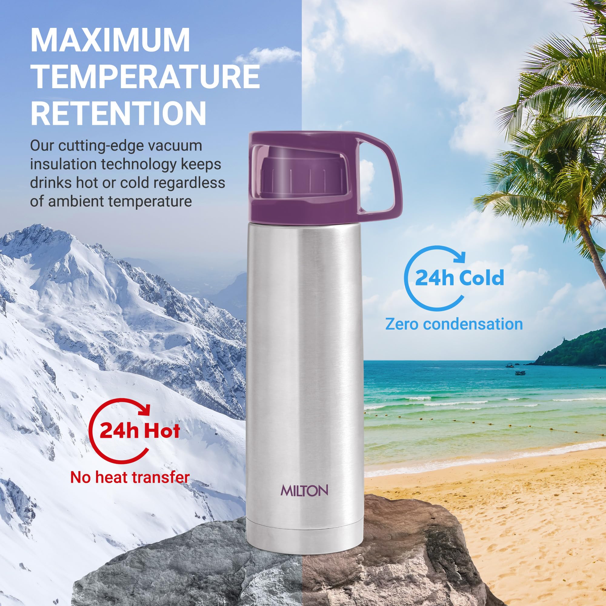 Milton Glassy 750 Thermosteel Vacuum Insulated Flask with Jacket 750 ml, Purple| 24 Hours Hot and Cold Water Bottle with Cup lid