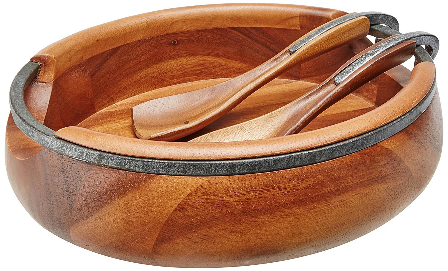 Nambe Anvil Salad Bowl With Servers | Large Wooden Serving Bowl For Fruit, Salads | Made Of Acacia Wood And Iron Finished Nambe