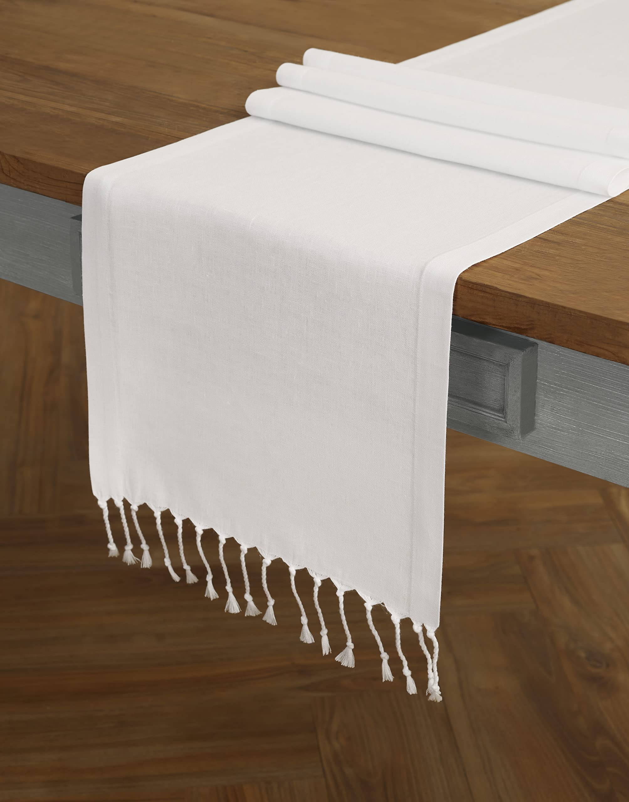 Solino Home Linen Tassels Table Runner - 14 X 108 Inch Long White - 100% Pure Linen Twisted Turkish Table Runner For Spring, Sum