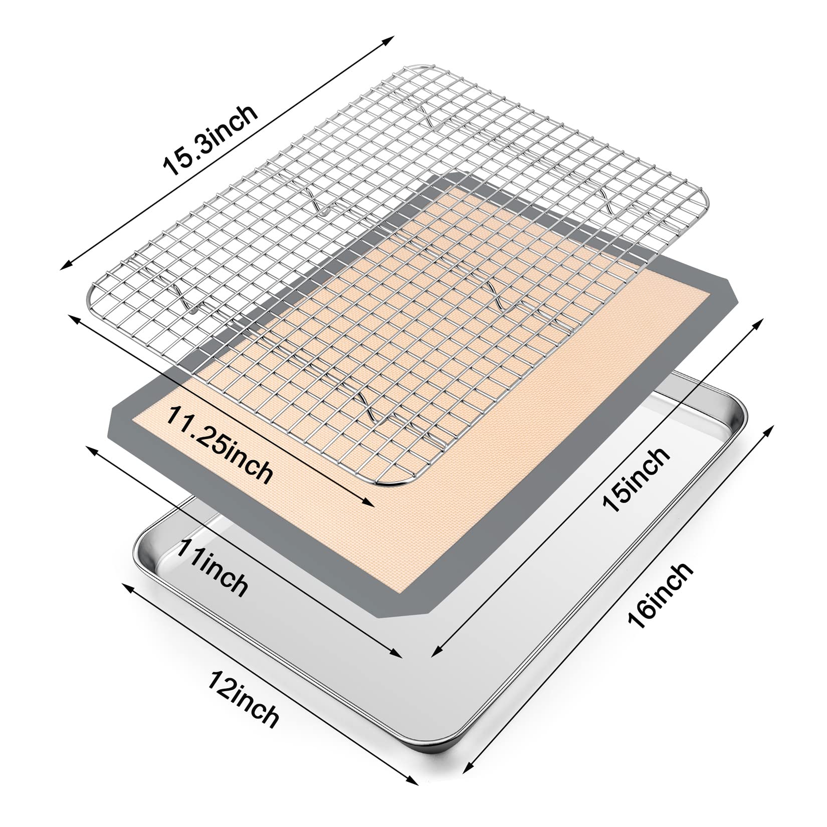 16 Inch Stainless Steel Baking Sheet With Grid Rack And Silicone Baking Mat Set, P&P Chef Baking Pan Tray With Cooling Rack, 3 P