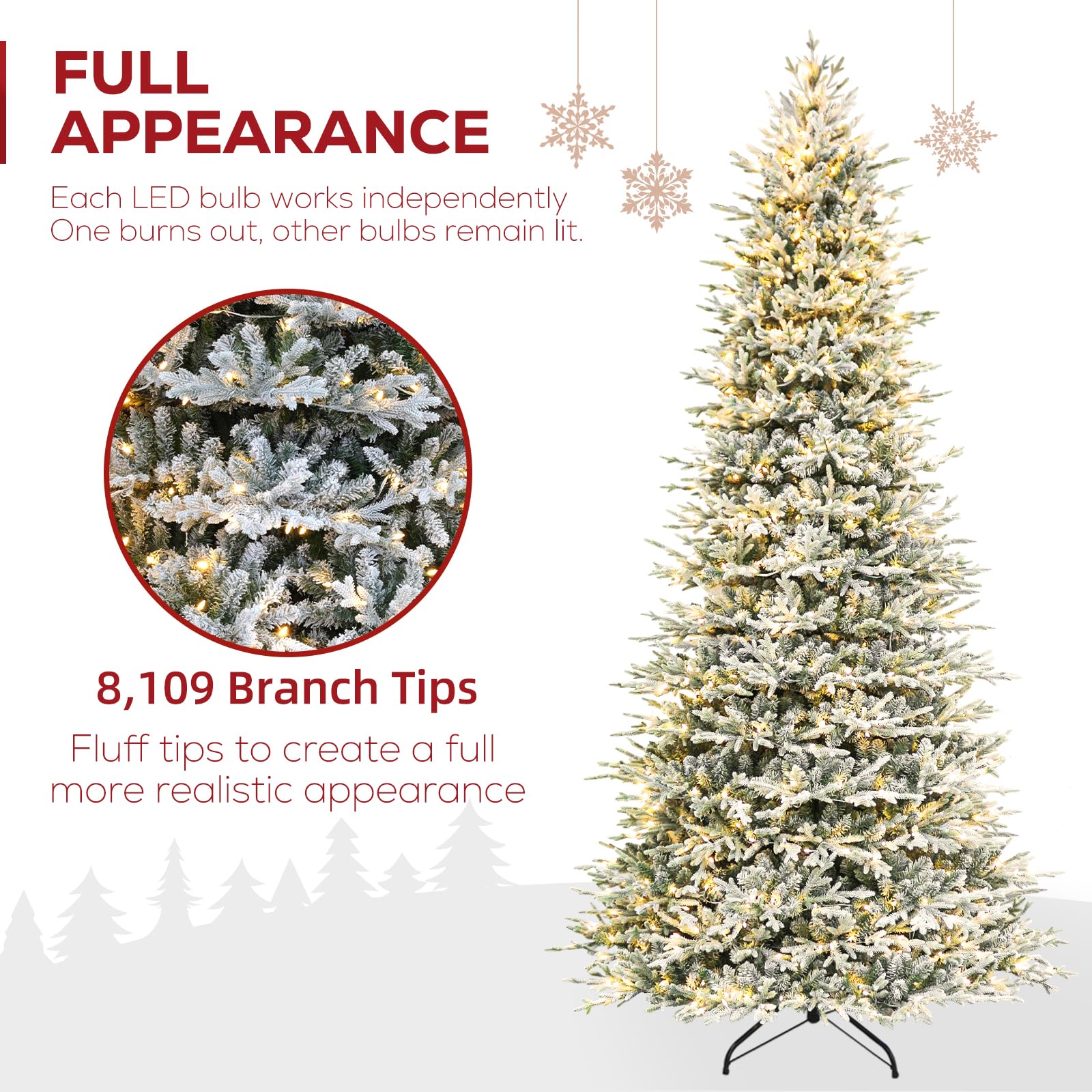Hykolity 12 ft Prelit Snow Flocked Artificial Christmas Tree, 8109 PE&PVC Branch Tips, 850 Warm White LED Lights, Easy Assembly