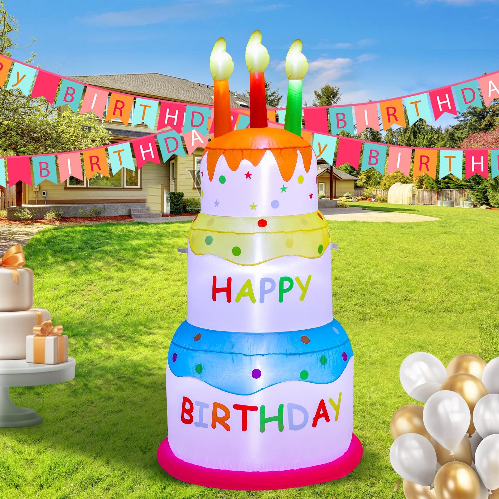 InfleasJoiy 6FT Happy Birthday Inflatable Cake with Candles, Built-in LED Lights, Suitable for Indoor Outdoor Yard Lawn Decorati