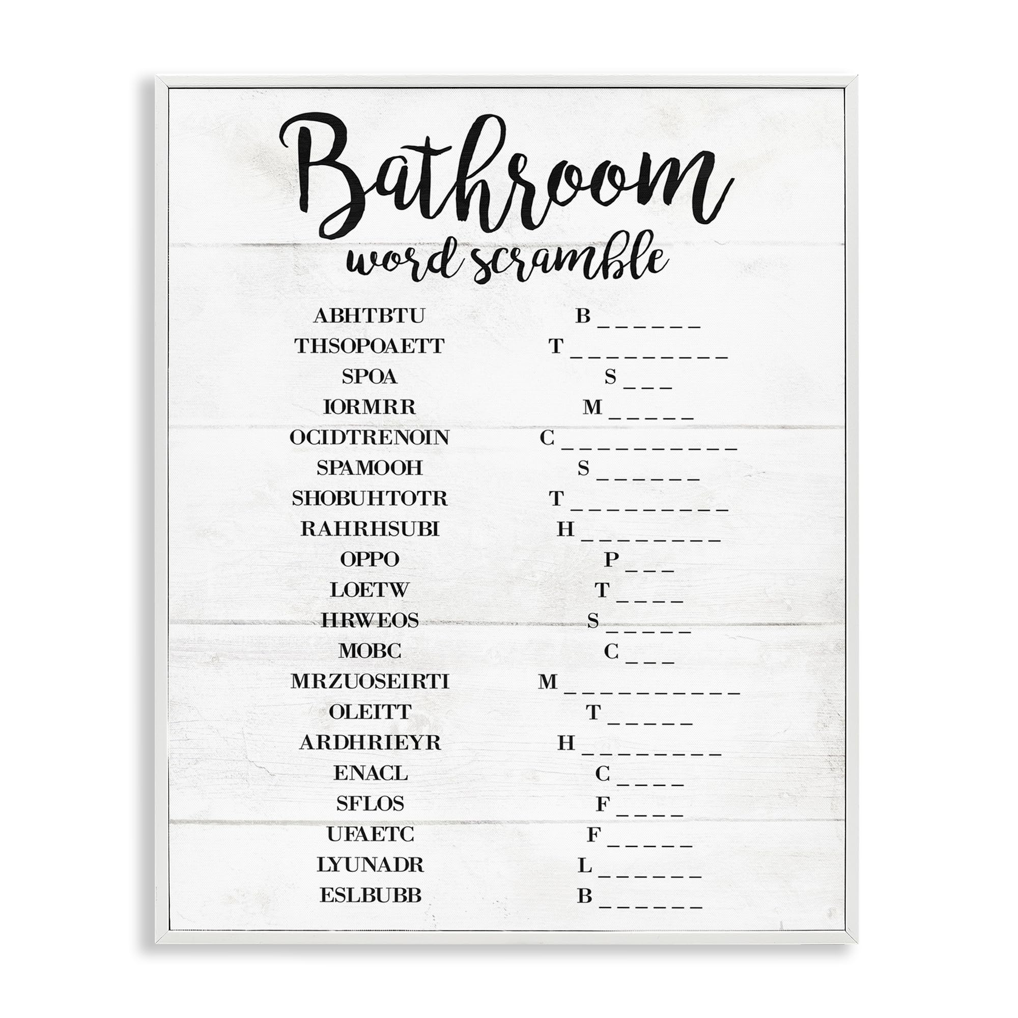 Stupell Industries Bathroom Word Scramble White and Black Word Design, Framed Giclee Art, White, 16 x 20 Inches, Easy to Hang 