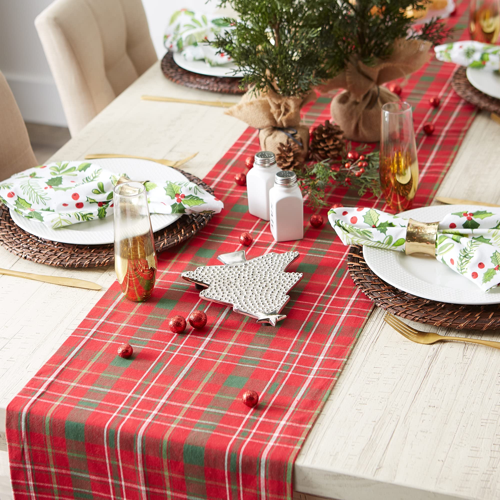 DII Holiday Dining Table Linen Collection Tartan Holly Plaid  Christmas Table Runner  14x108  Red & Green