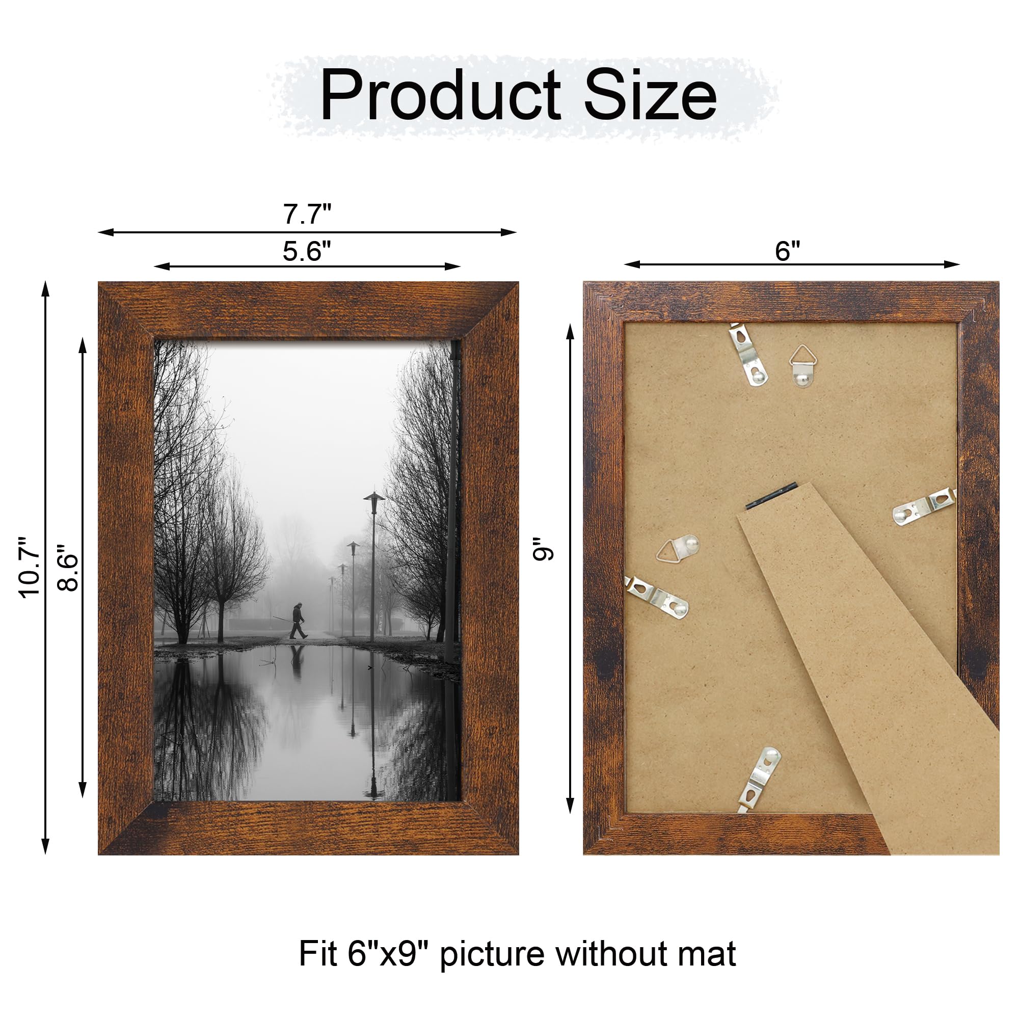 iRahmen 6x9 Picture Frame Set of 4, High Definition Real Glass Rustic Frame, 6 x 9 Wood Photo Frames for Tabletop Display and Wa