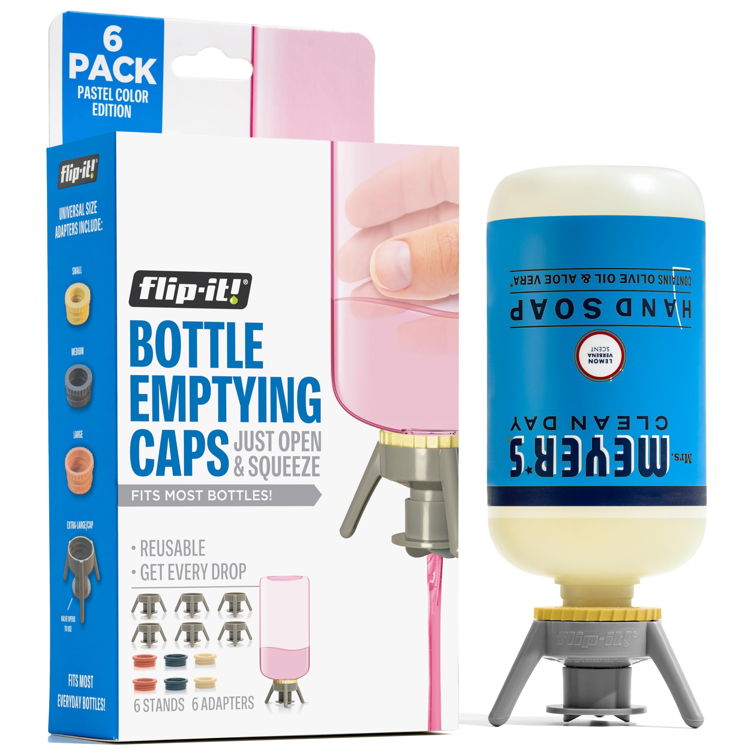 Flip-It! Bottle Emptying Kit - 6 Bottle Pack - No More Wasted Product - Fits Most Plastic Bottles - 6 Base Caps, 6 Adapters - Pa