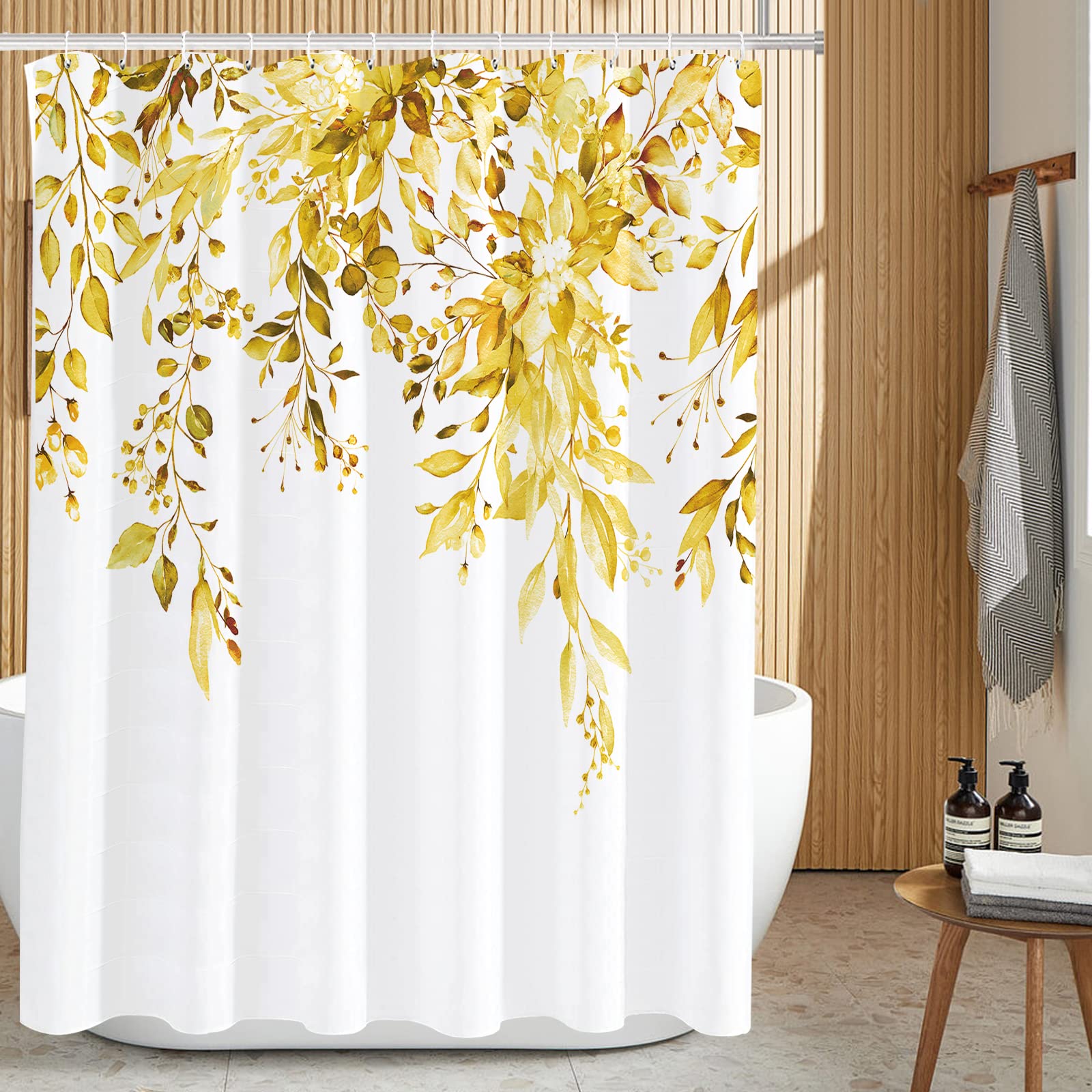 Tititex Yellow Eucalyptus Shower Curtain, Watercolor Bright Leaves On The Top Plant With Floral Bathroom Decoration Shower Curta